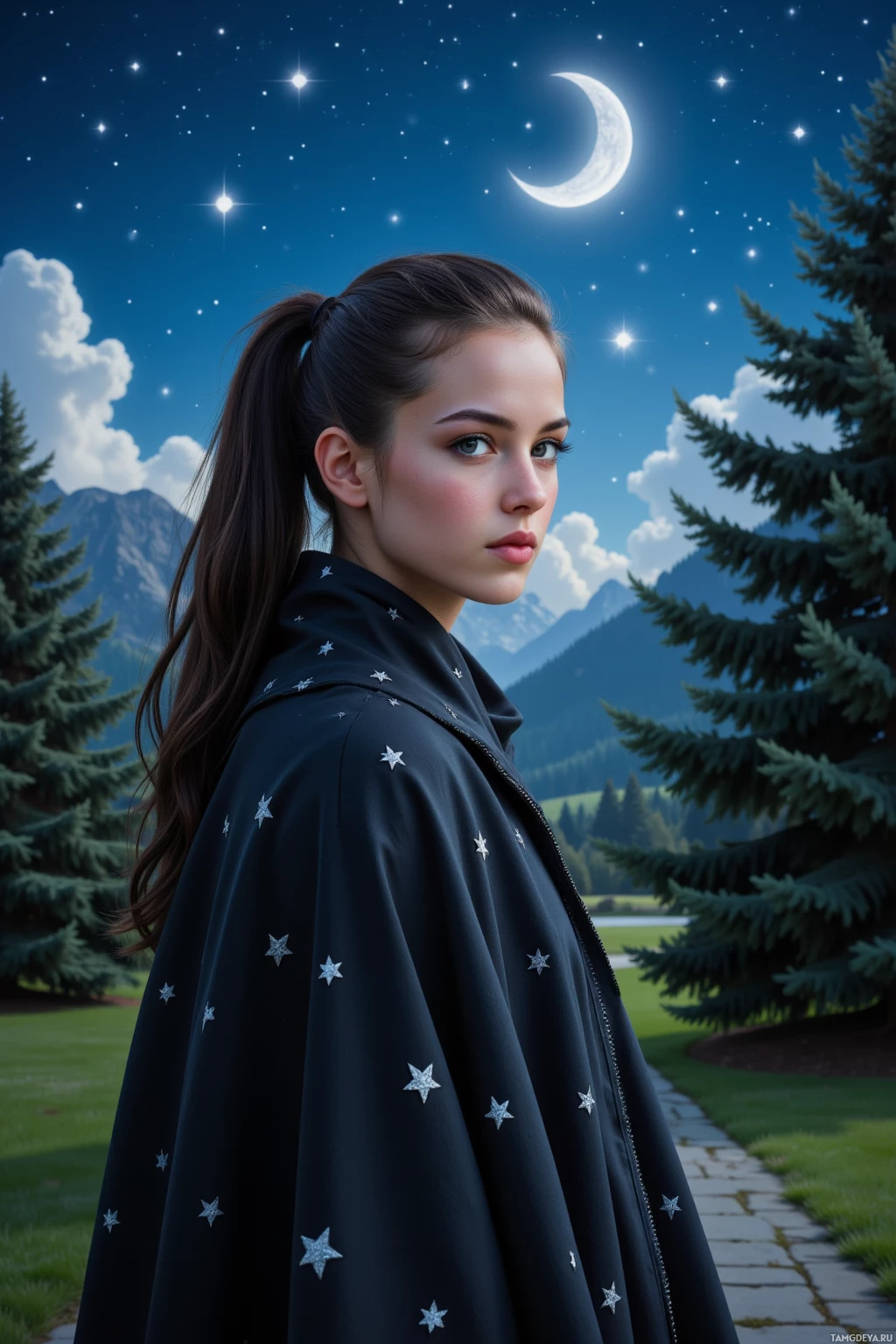 Realistic high quality photo. A 29‑year‑old female mystic with long black ponytail and piercing blue eyes, wearing a dark flowing robe embroidered with silver stars, standing at the threshold of a moonlit garden beneath a sky of bright constellations and a crescent moon, cedar trees in the background, serene and contemplative.
