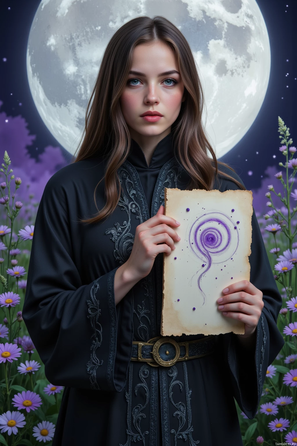 Realistic high quality photo. Female sorceress, 34, long dark brown hair, violet eyes, porcelain skin, black robes embroidered with silver patterns, high cheekbones and pointed chin, poised in a moonlit garden of silvered flowers, holding a parchment with swirling violet threads and faint dominoes in the background, twilight atmosphere.