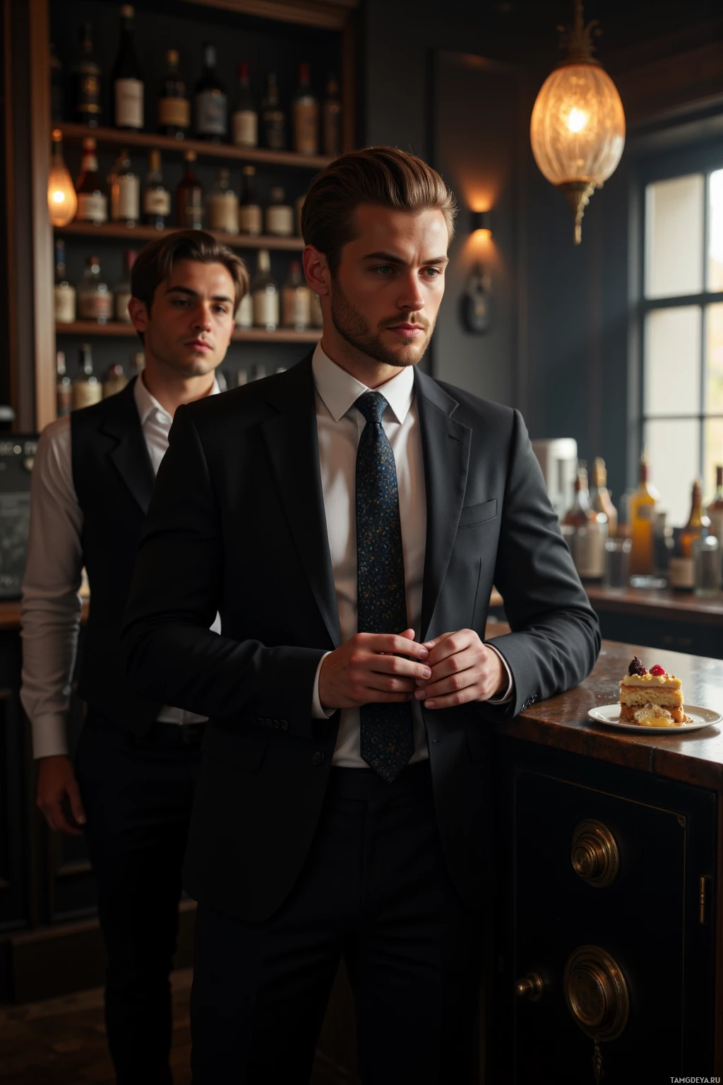 Two men in suits stand in a bar, one adjusting his tie.