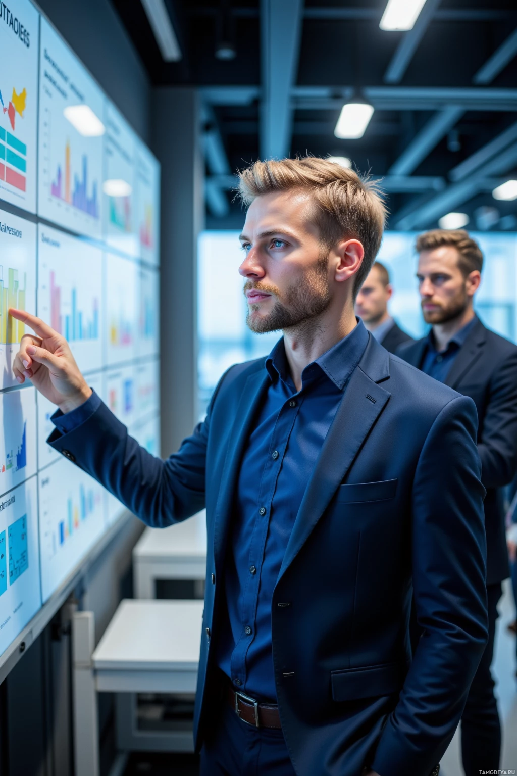 A man in a suit points at a digital display board in a modern office setting.