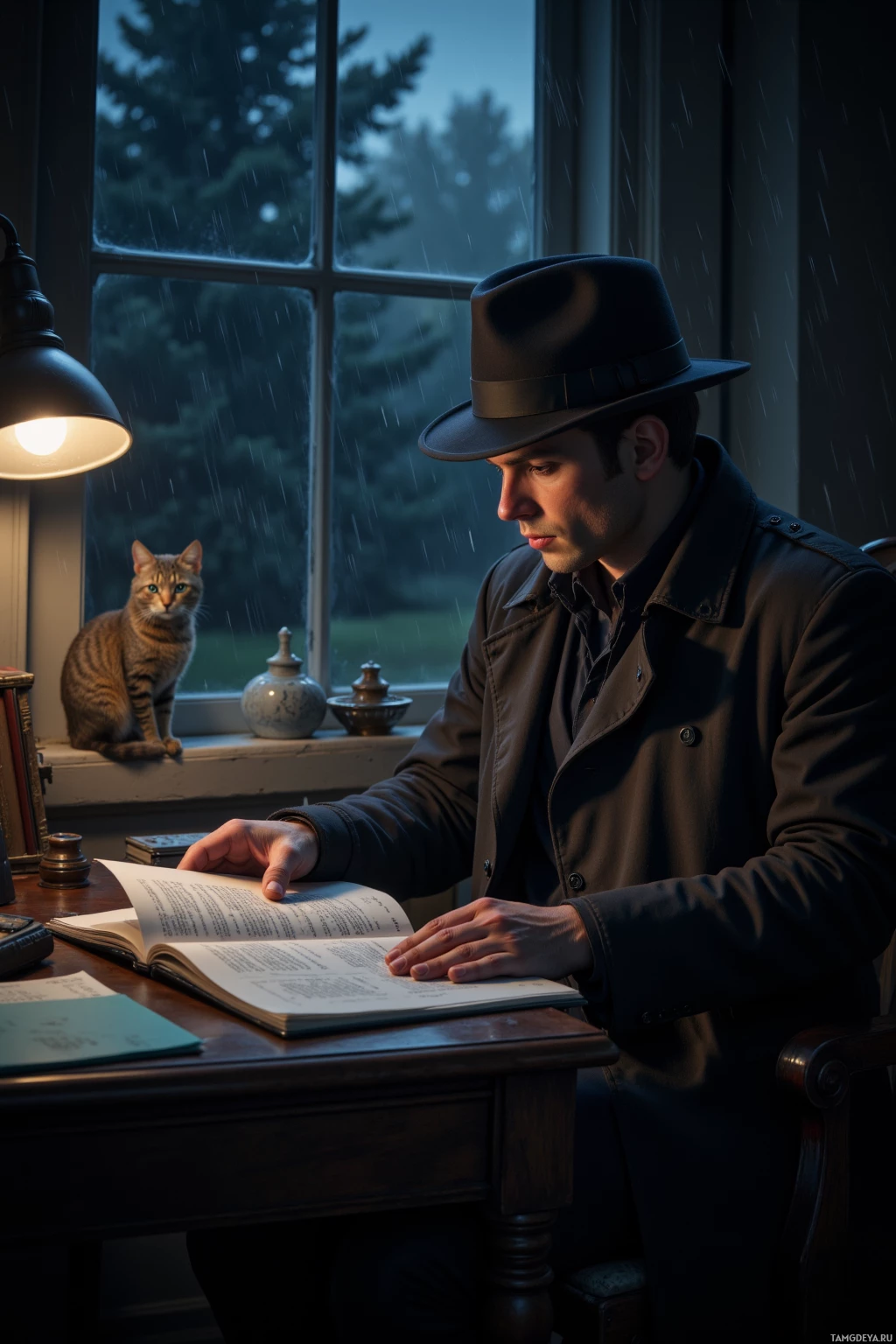 A man in a hat and coat reads a book by a window with a cat sitting on the sill.