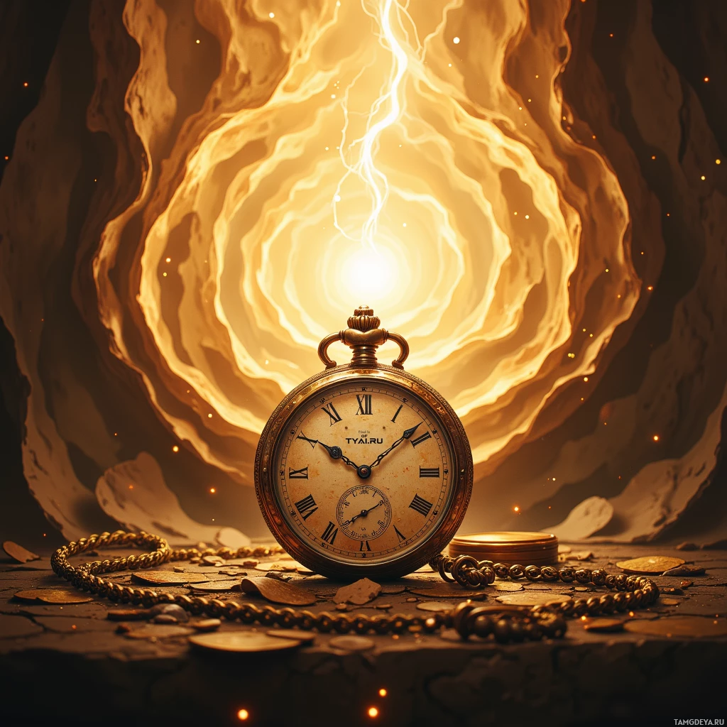A pocket watch with Roman numerals sits on a pile of coins in front of a glowing, fiery tunnel.
