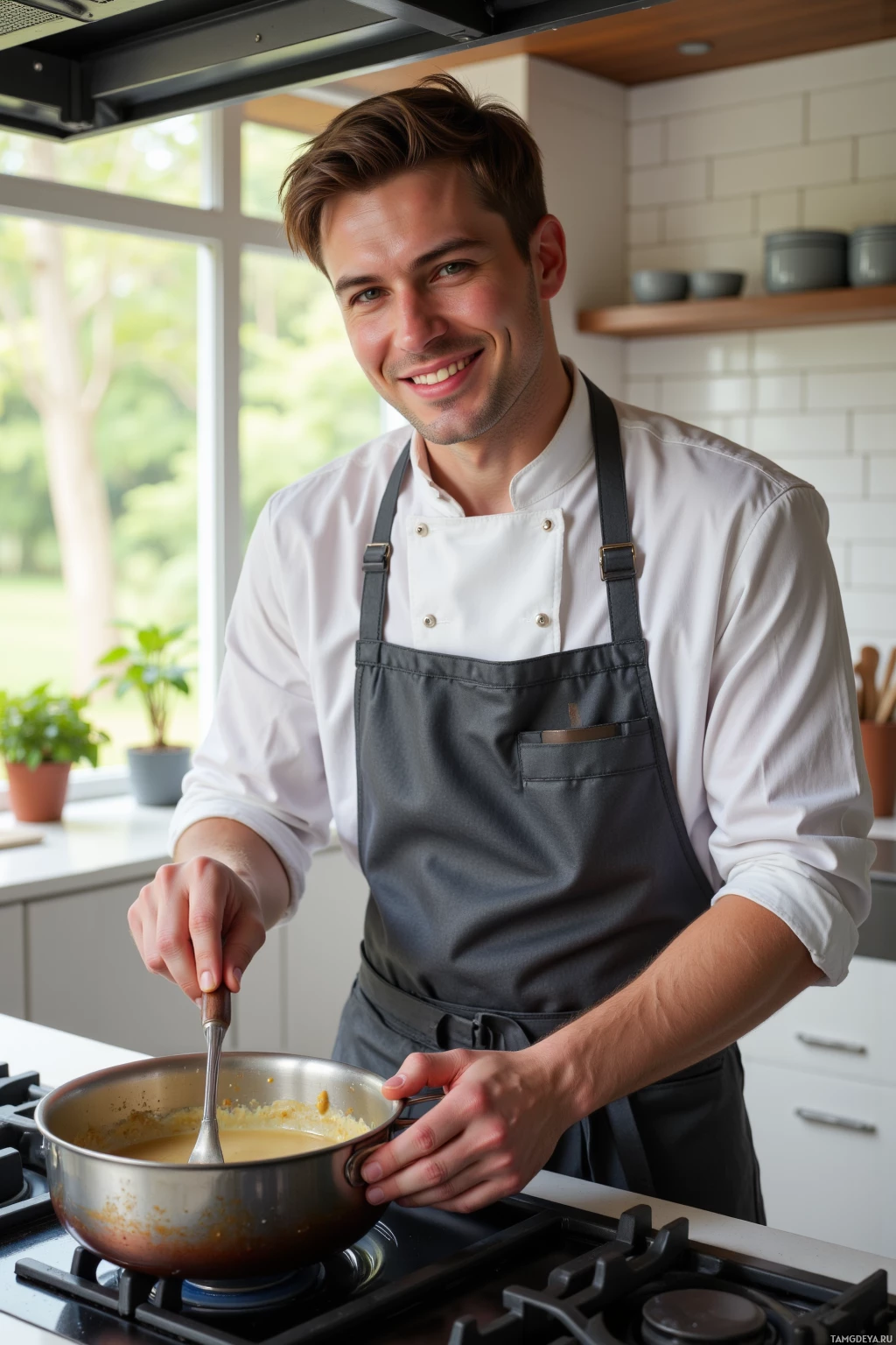 A man in a chef's uniform is cooking in a kitchen.