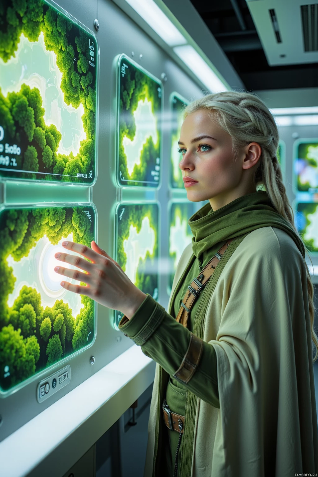 A person in a green outfit interacts with a futuristic display panel.