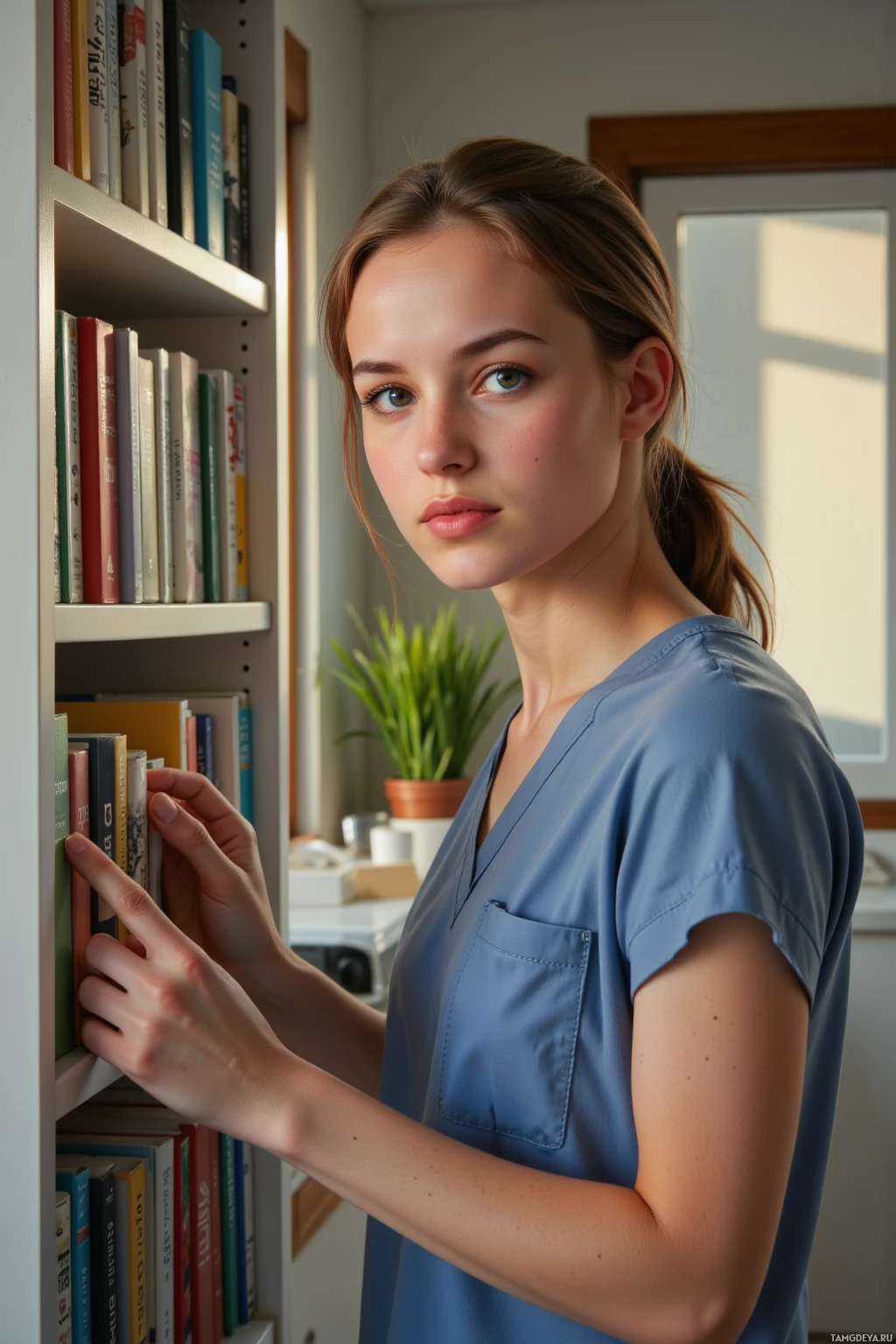 A person in a blue shirt is reaching for a book on a bookshelf.