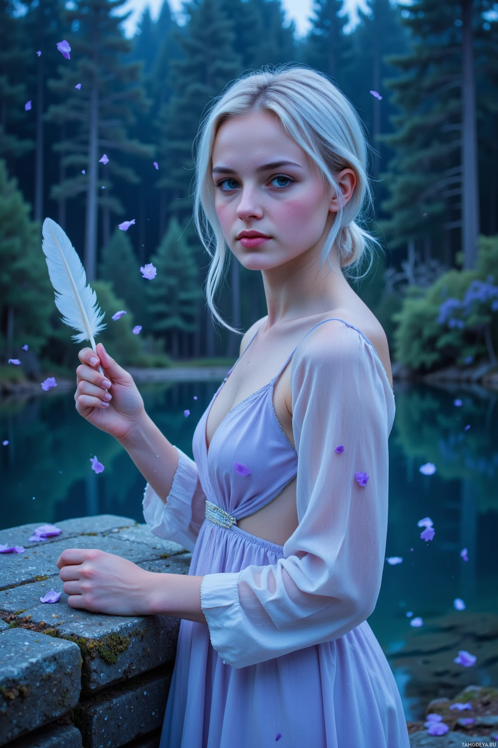 A woman in a lavender dress holds a feather near a serene forest lake.