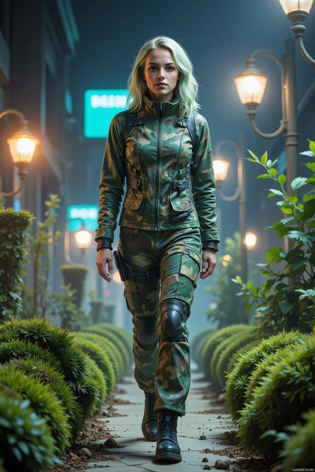 A person in camouflage military attire walks down a path lined with bushes and street lamps.