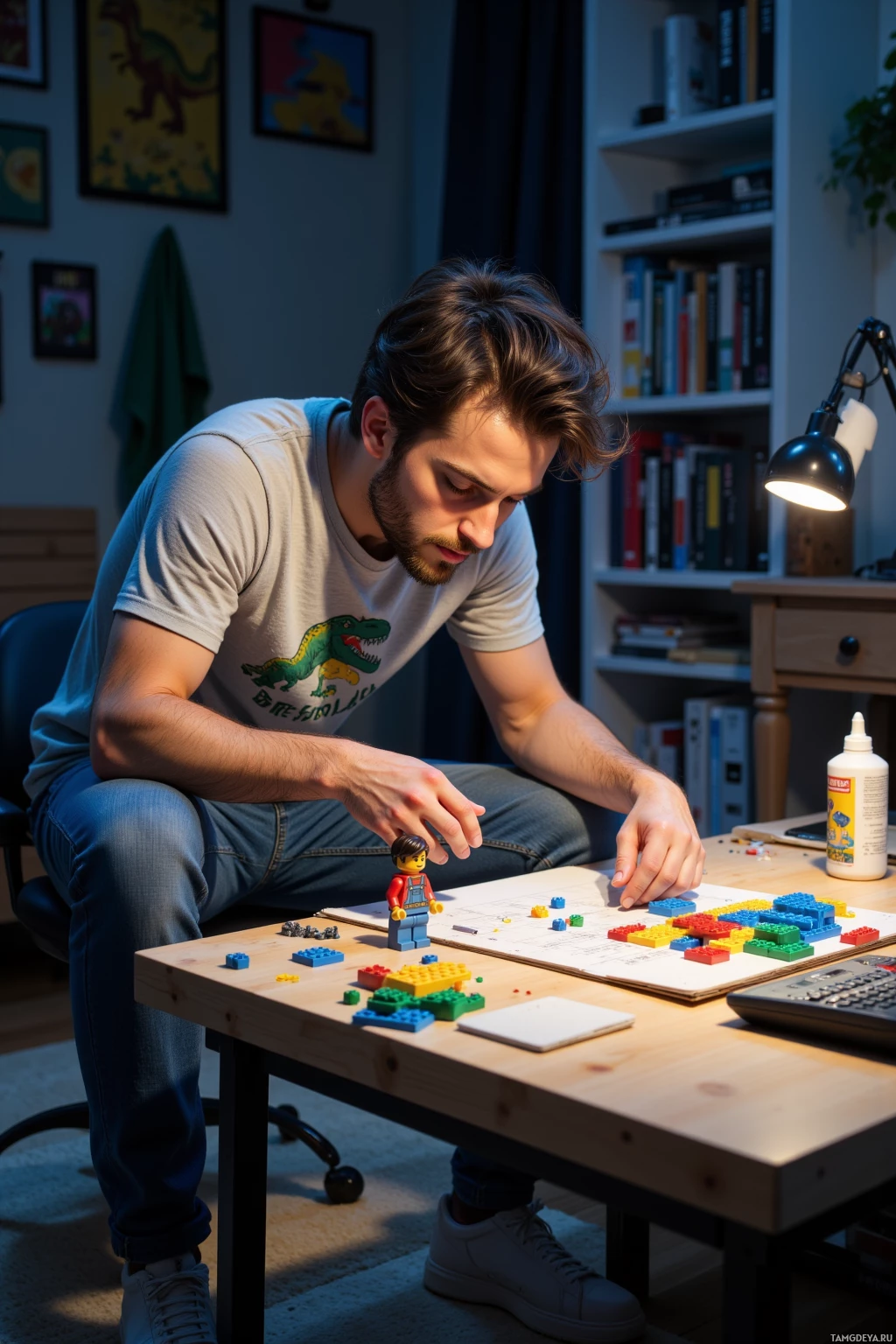 A person is sitting at a table playing with LEGO pieces.