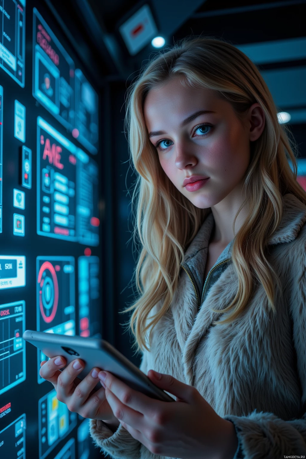 A person with long blonde hair wearing a fur coat is holding a tablet in front of a wall of illuminated screens.