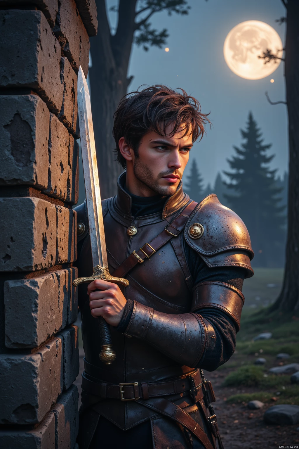 A knight in armor stands beside a stone wall, holding a sword, under a full moon.