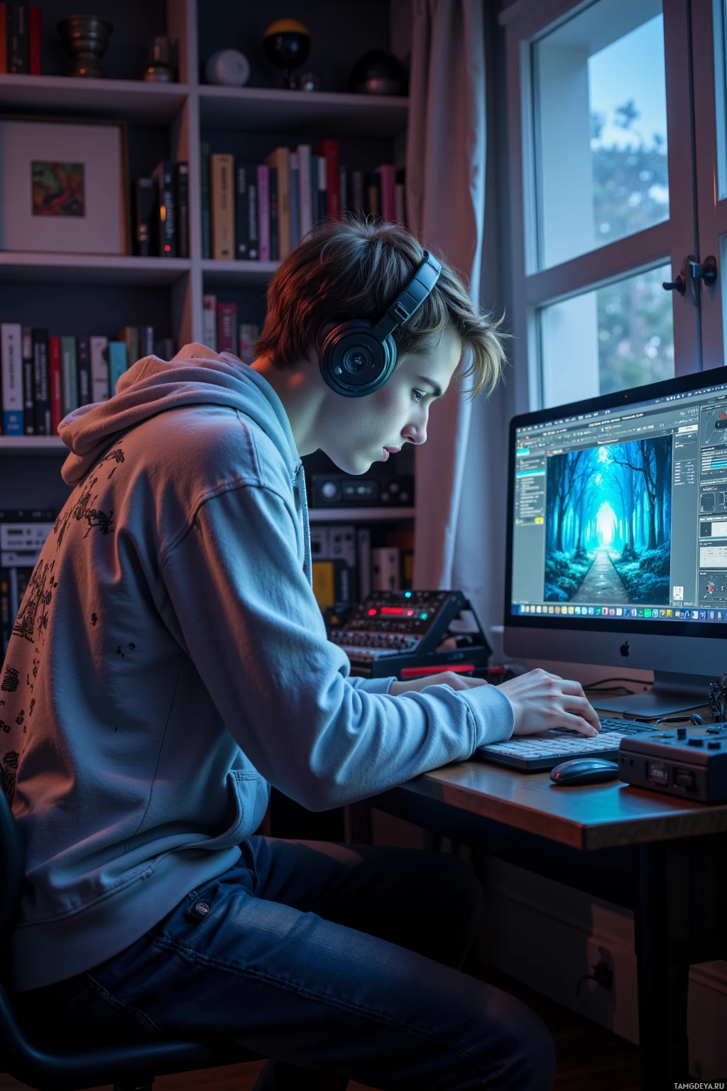 A person wearing headphones works on a computer in a room with bookshelves and a window.