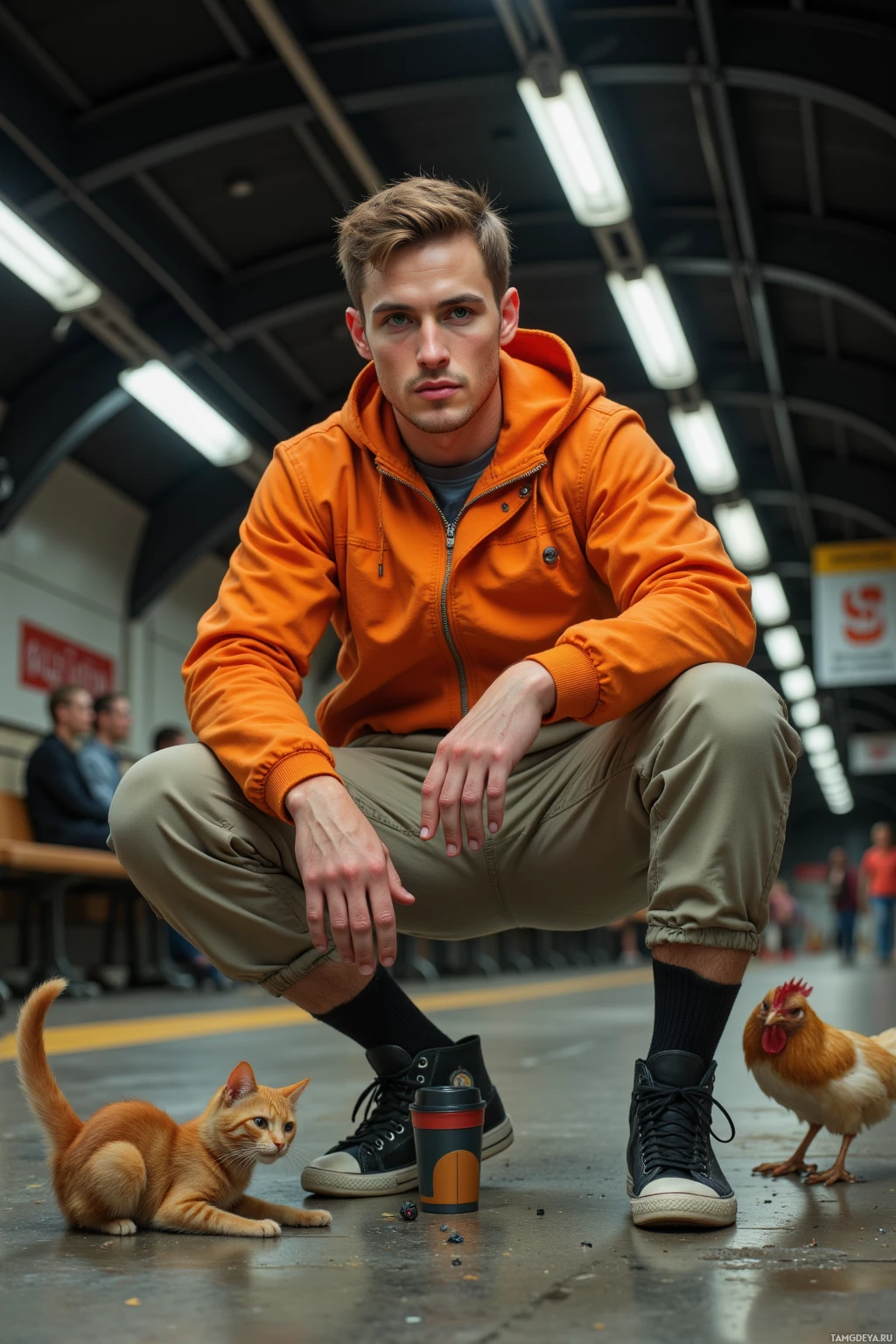 A person in an orange hoodie and khaki pants crouches near a cat and a chicken in a station setting.
