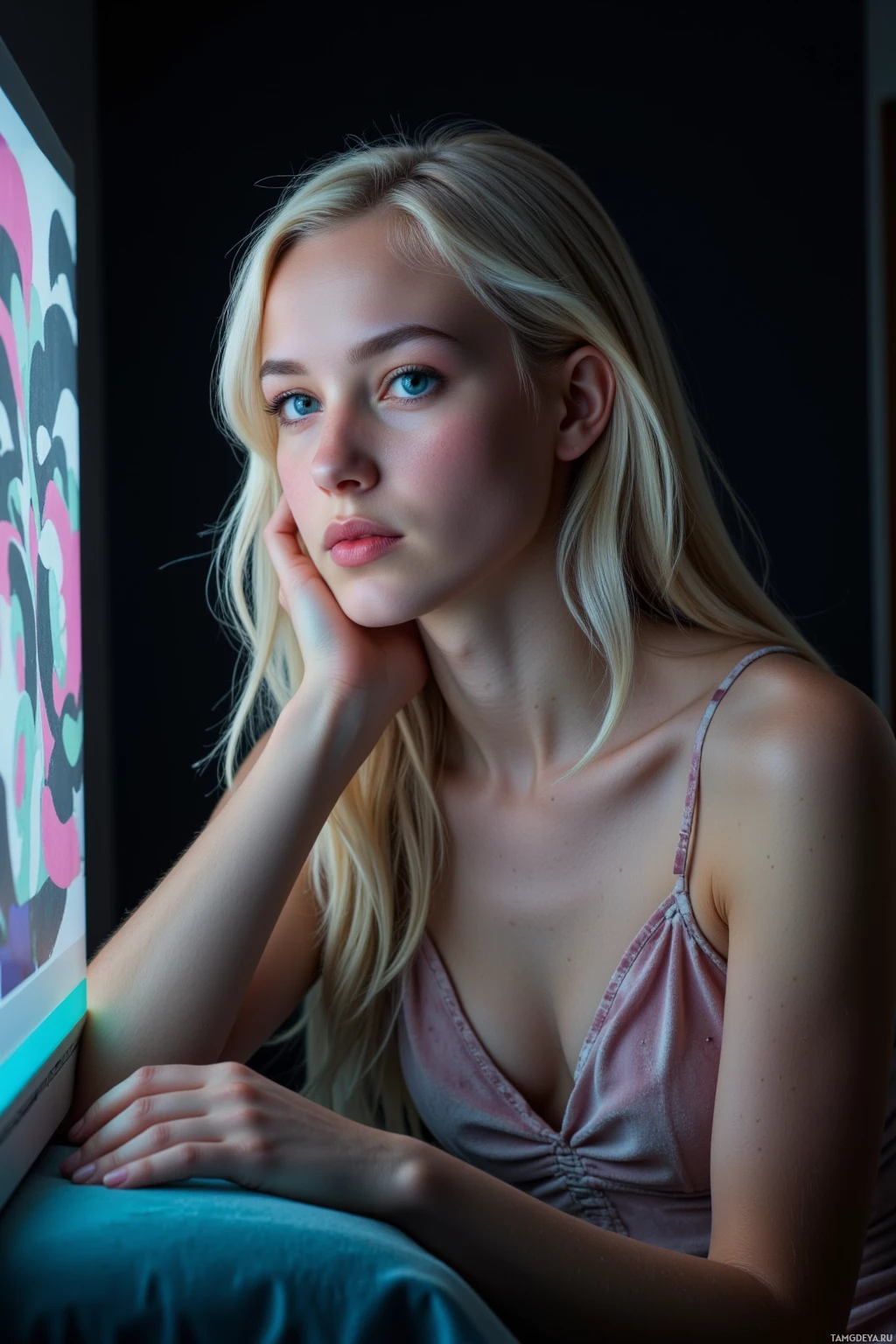A woman with blonde hair wearing a pink top, resting her chin on her hand.