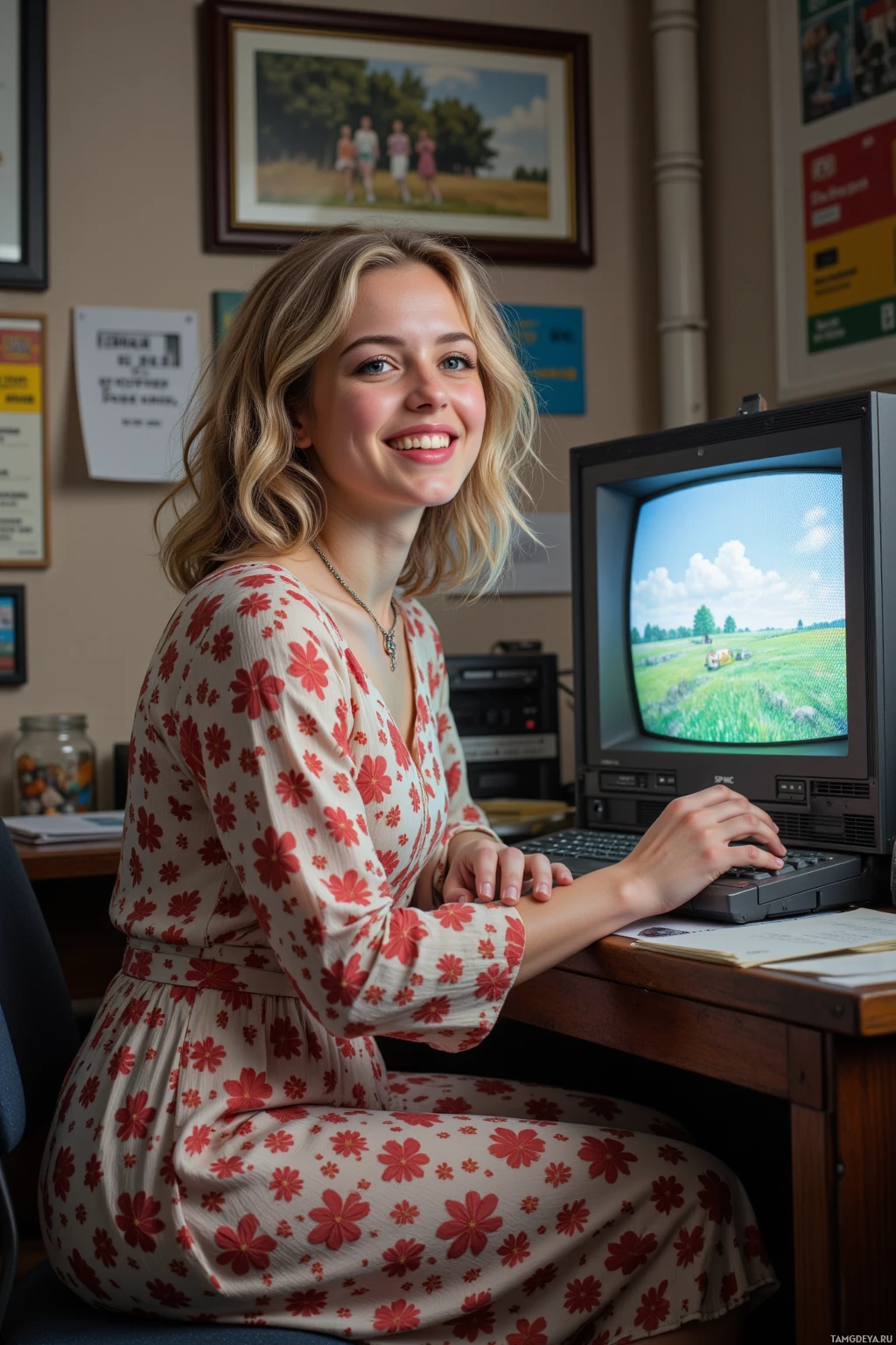 A woman in a floral dress sits at a desk, smiling, with an old computer monitor displaying a scenic image.