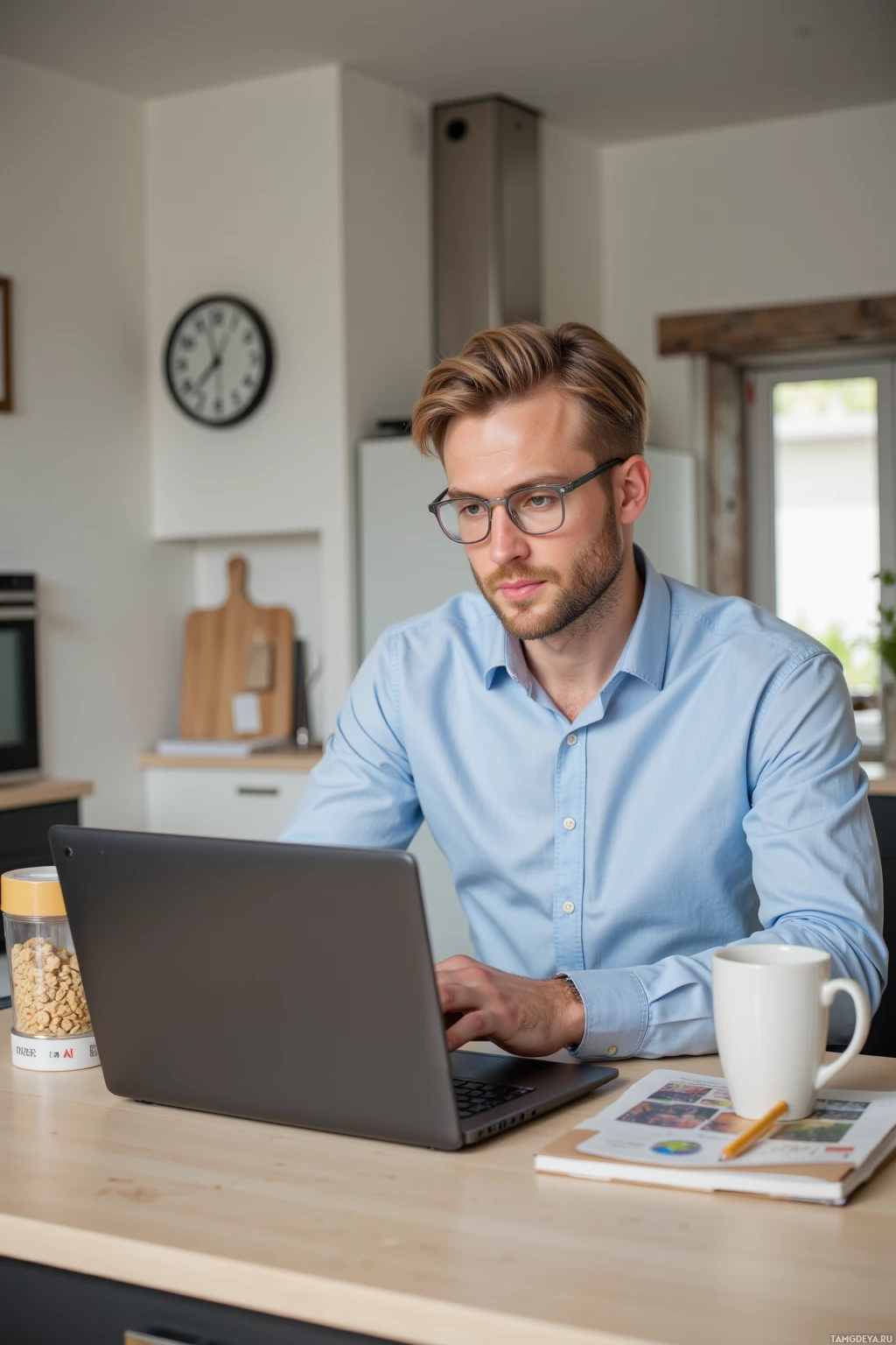 A man in a light blue shirt works on a laptop at a kitchen table.