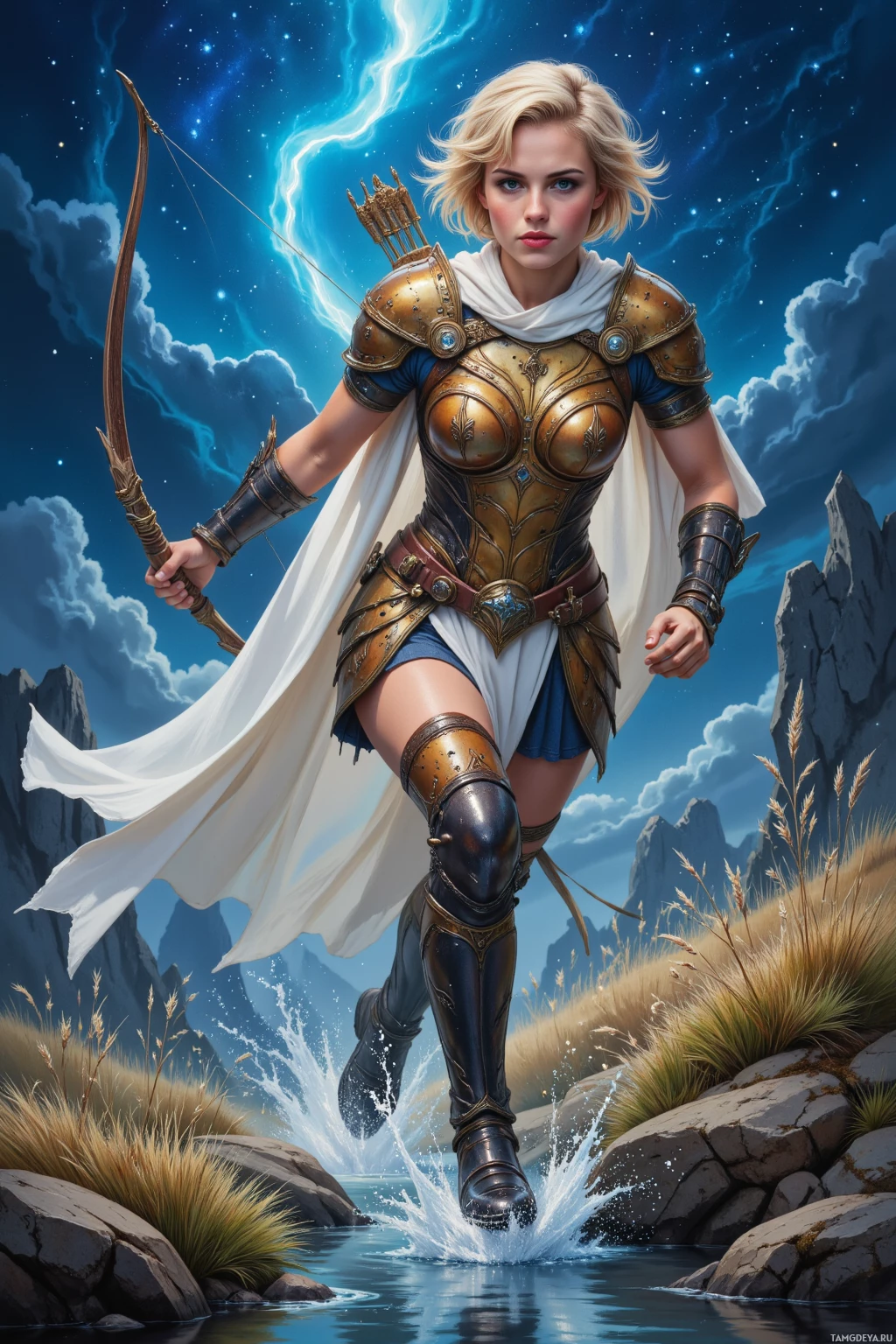 A female warrior in ornate armor stands poised with a bow, set against a backdrop of a starry sky and rugged terrain.