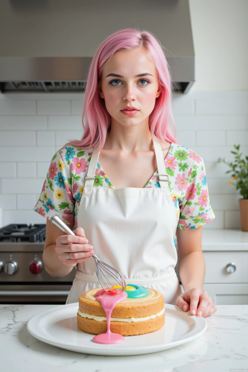 A person with pink hair wearing a floral shirt and apron decorates a cake with colorful icing.