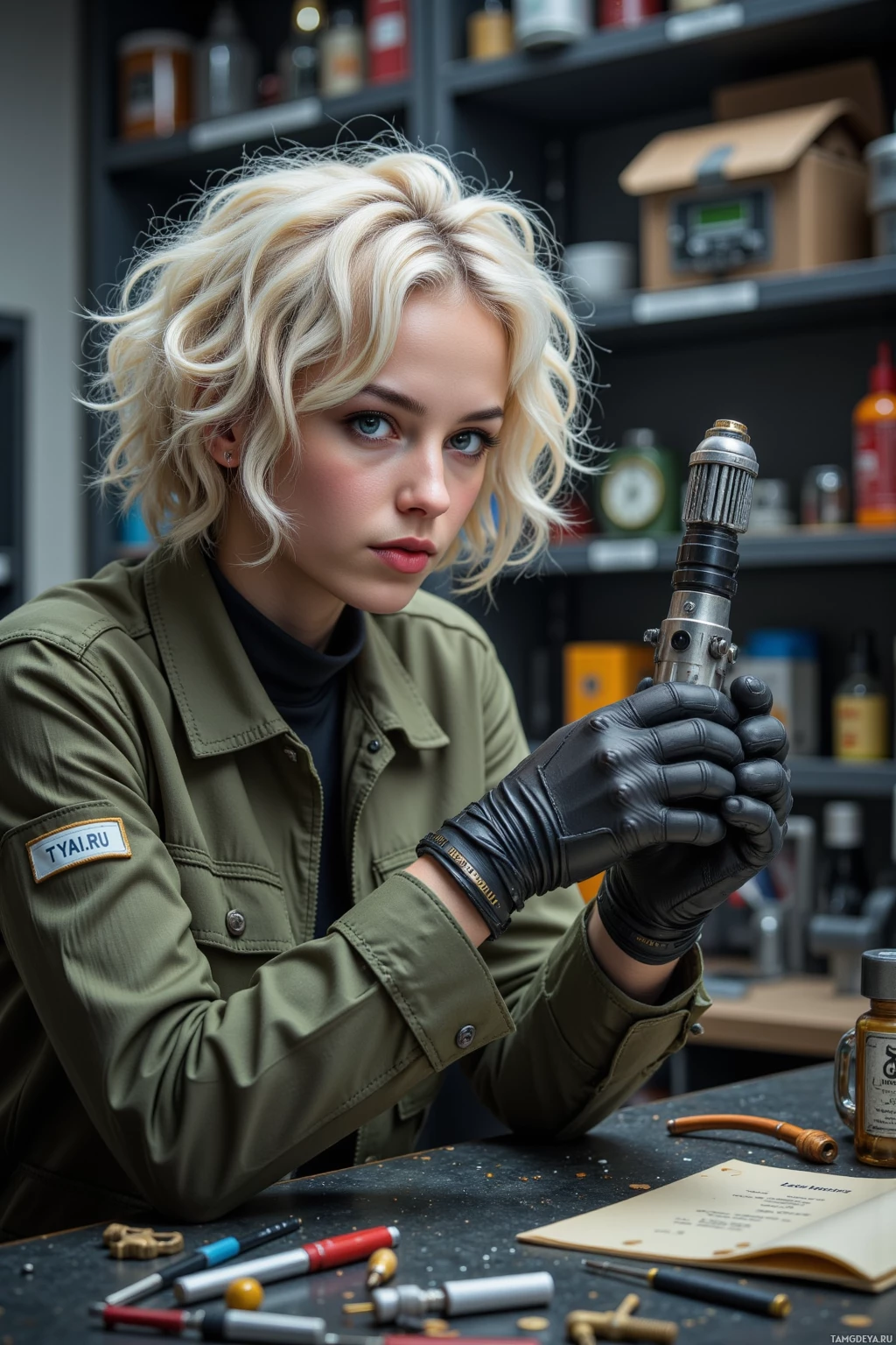 A person in a green jacket and black gloves holds a tool in a workshop setting.