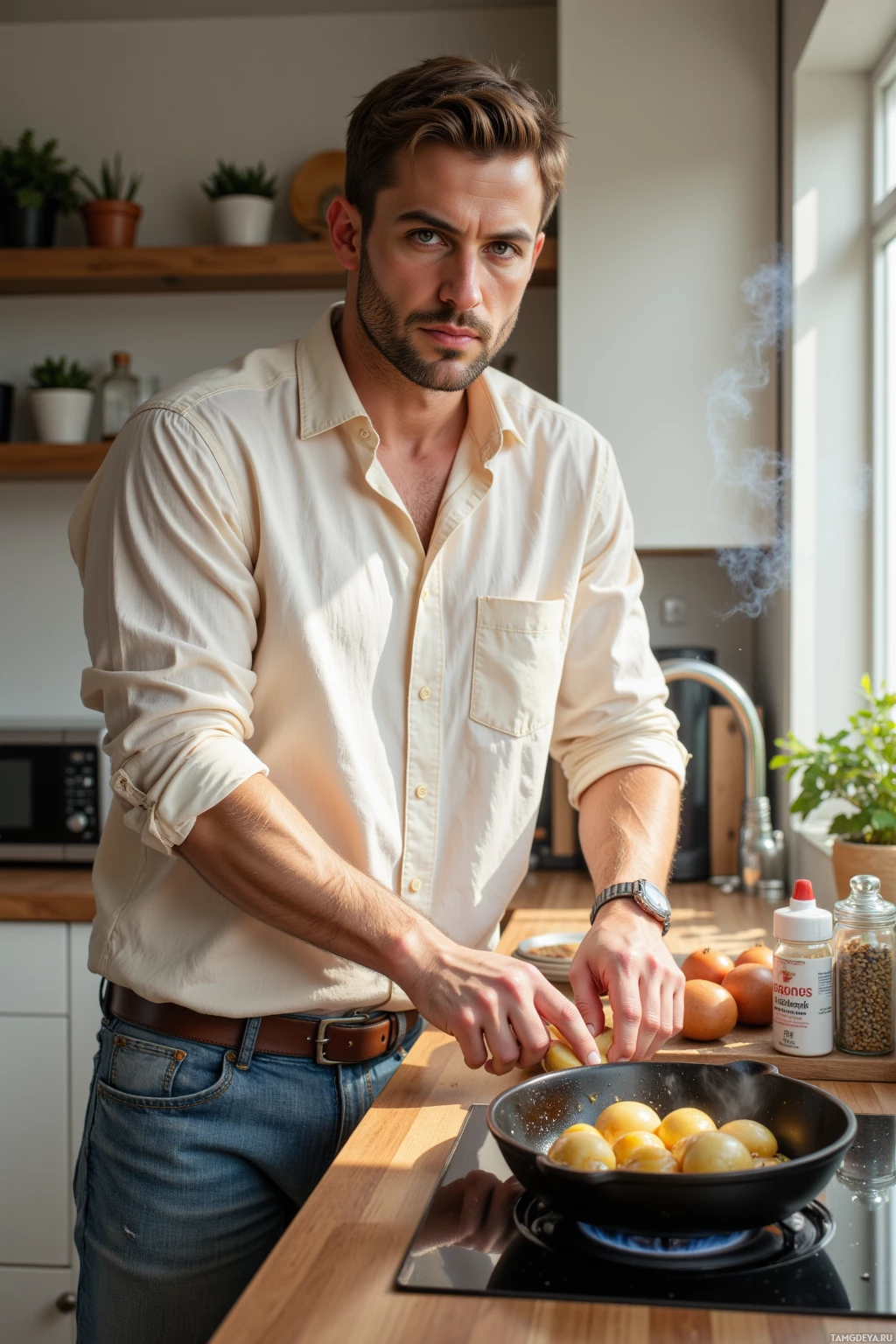 A man in a kitchen is cooking potatoes in a frying pan on a stovetop.