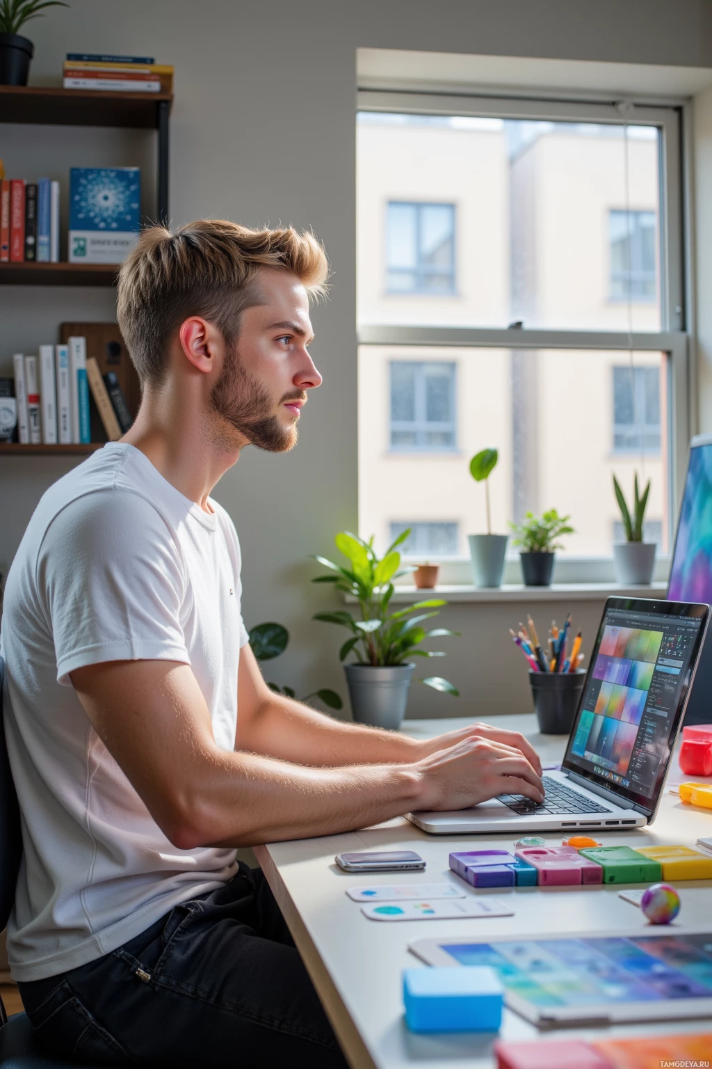 A person is sitting at a desk working on a laptop in a well-lit room with a window and plants.