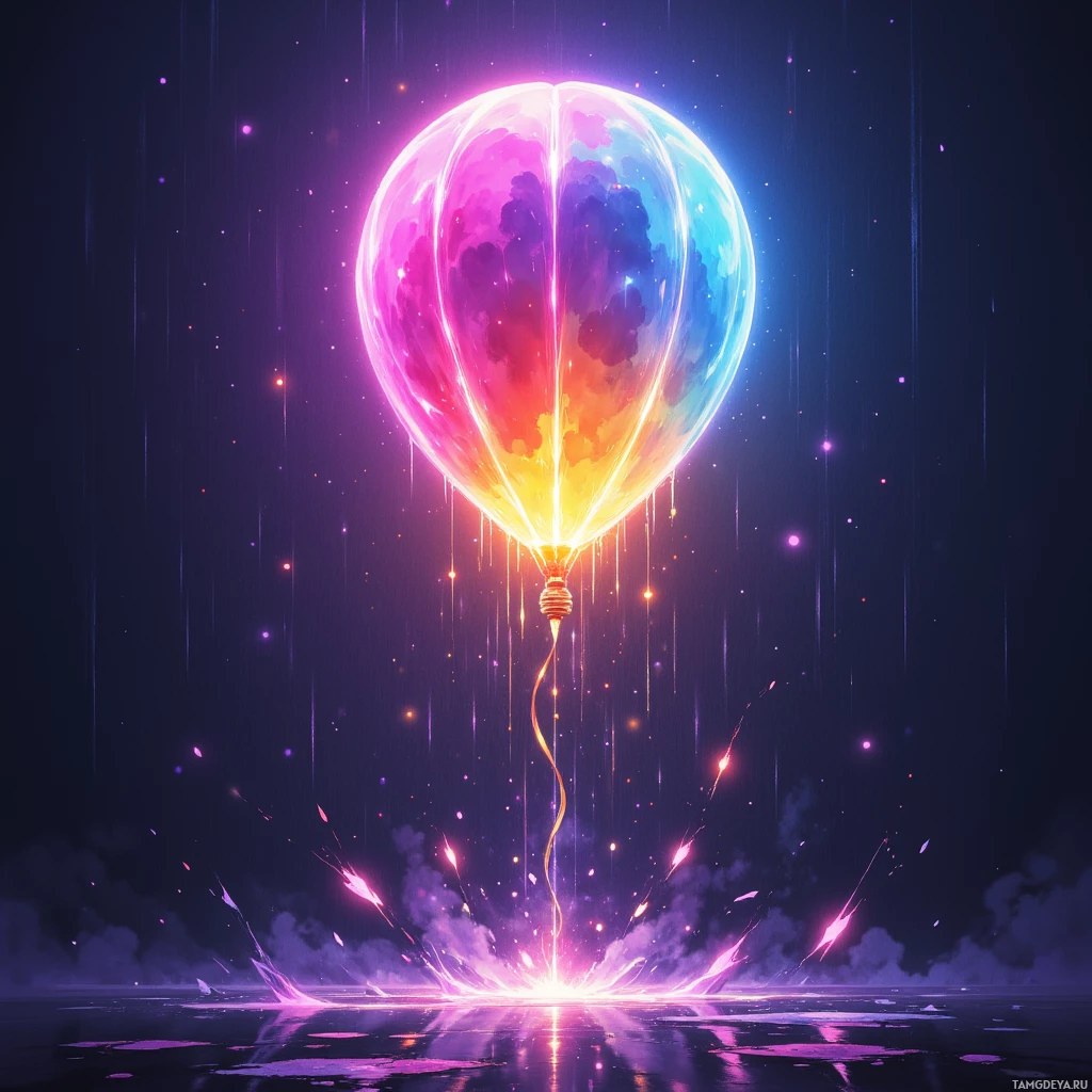 A glowing, colorful balloon floats against a dark, starry background with streaks of light.