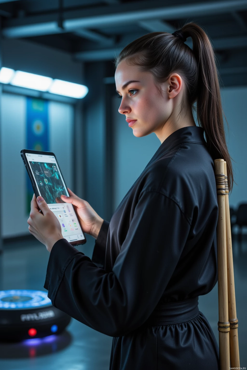 A person in a black outfit is holding a tablet with a futuristic interface.