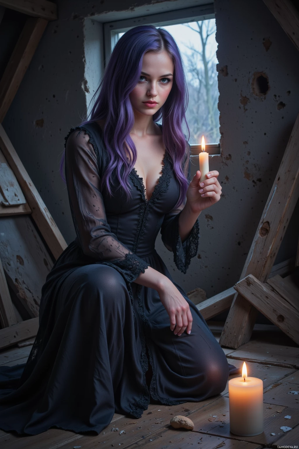 A woman with purple hair sits in a dimly lit room holding a lit candle.