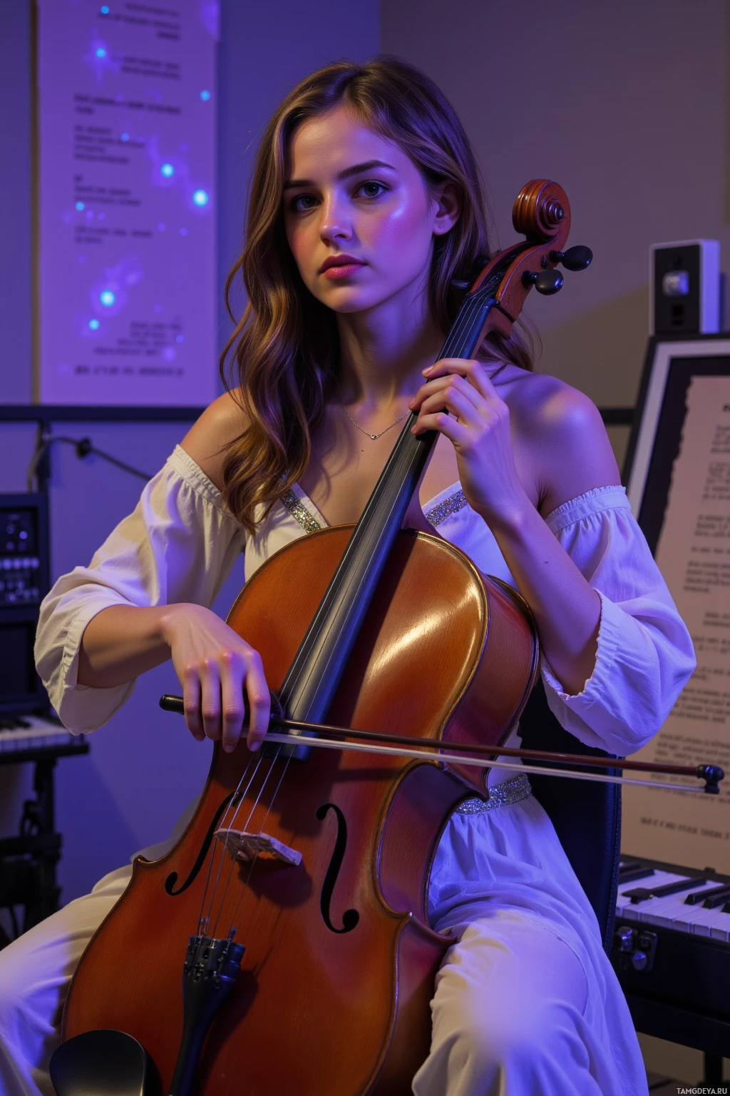 A woman plays the cello in a dimly lit room.