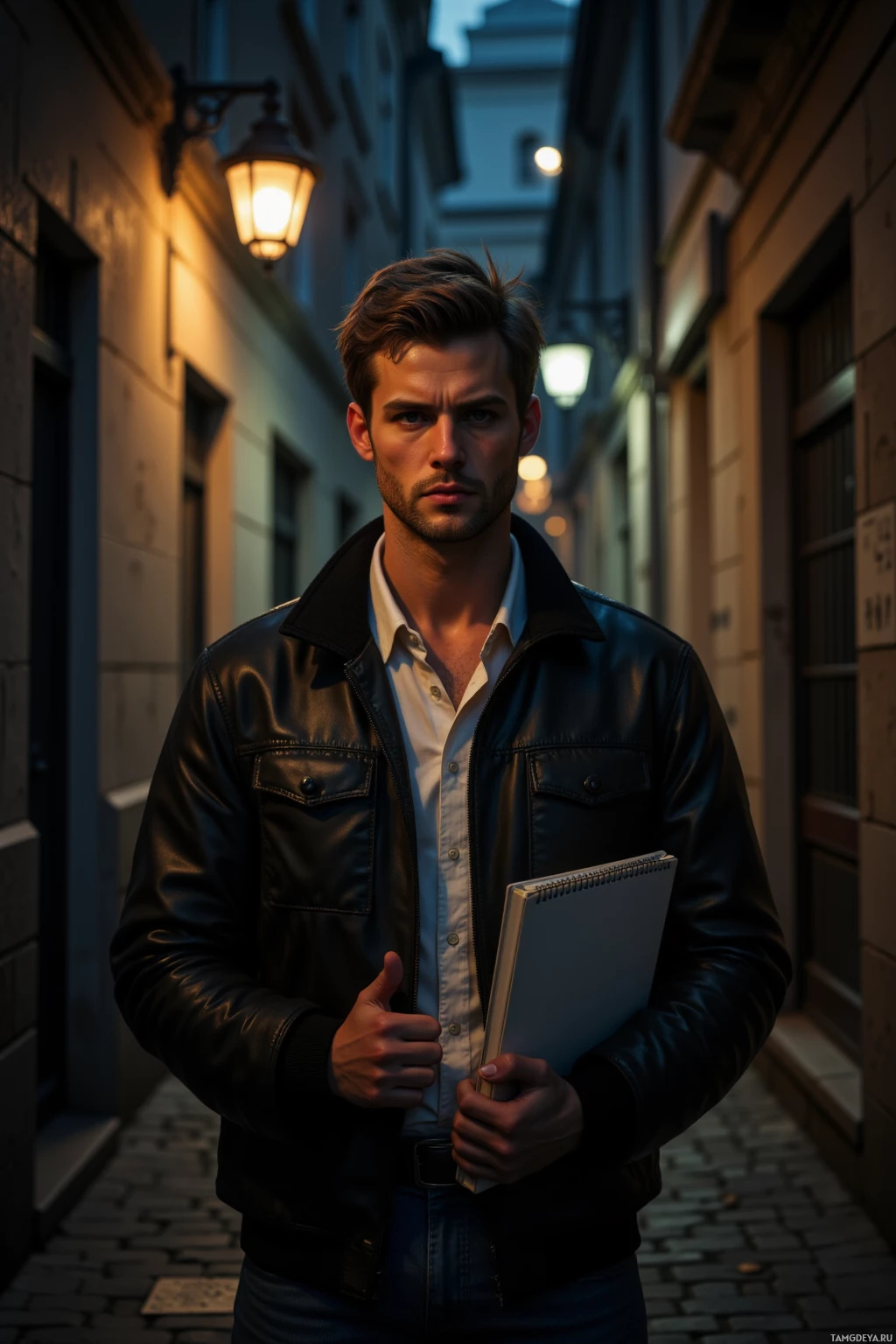 A man in a leather jacket stands in a dimly lit alleyway, holding a notebook.