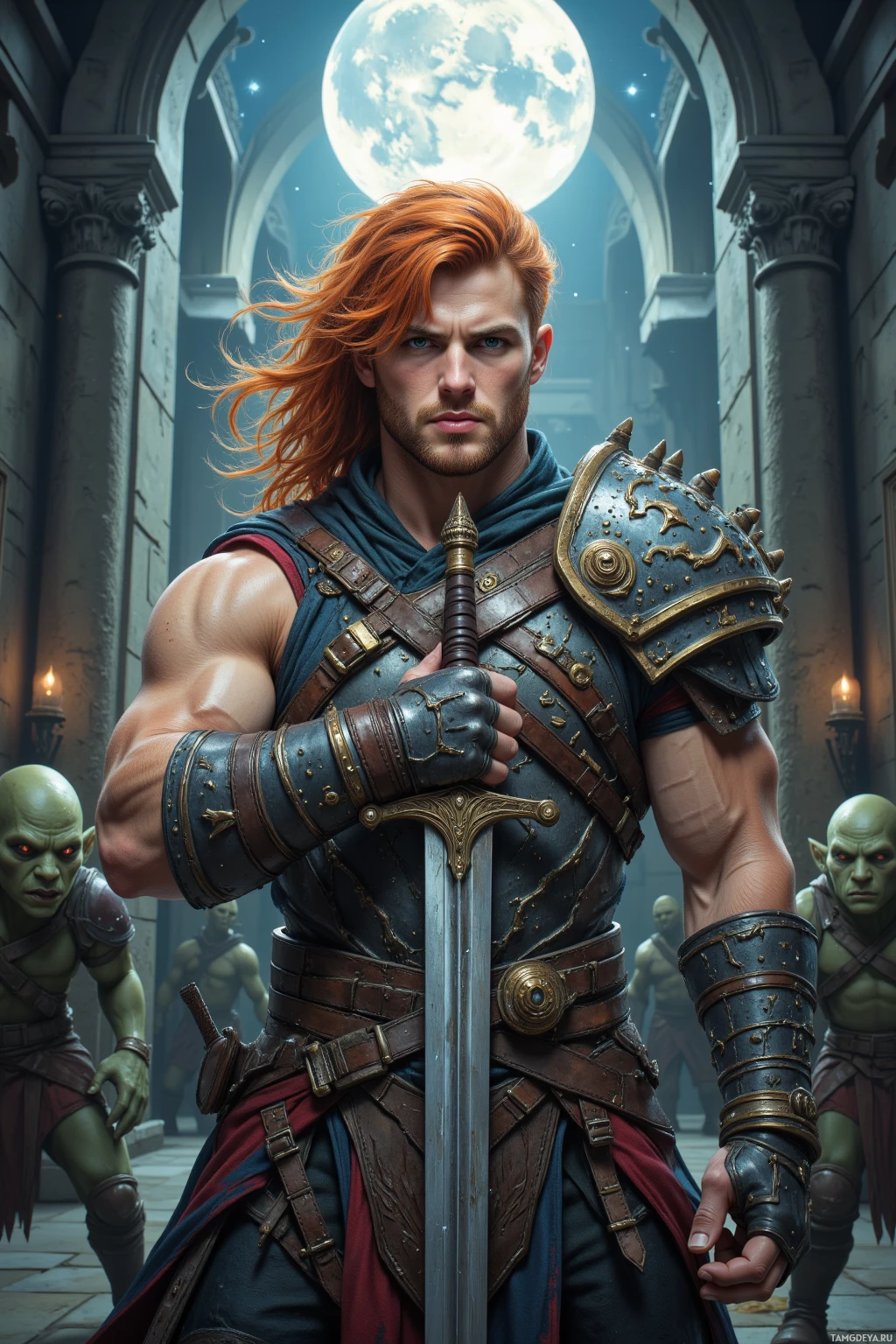 A muscular warrior in ornate armor stands in a dimly lit corridor, holding a sword, with two green-skinned creatures in the background.