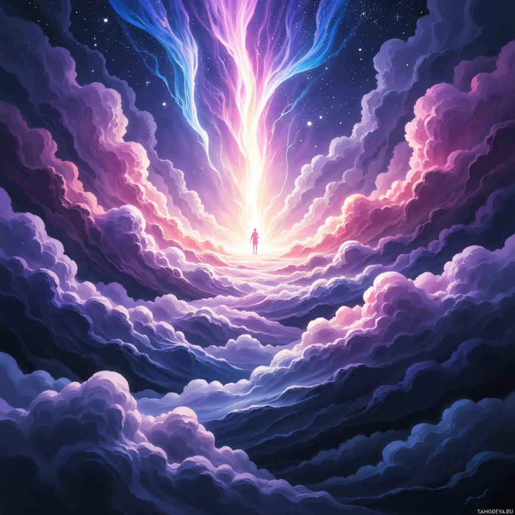 A person stands at the center of a vibrant, ethereal sky with swirling clouds and a radiant light source.