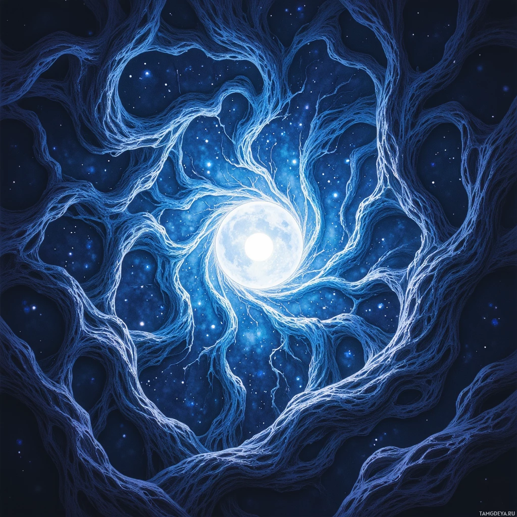 A cosmic scene featuring a glowing moon surrounded by intricate, web-like structures against a starry night sky.