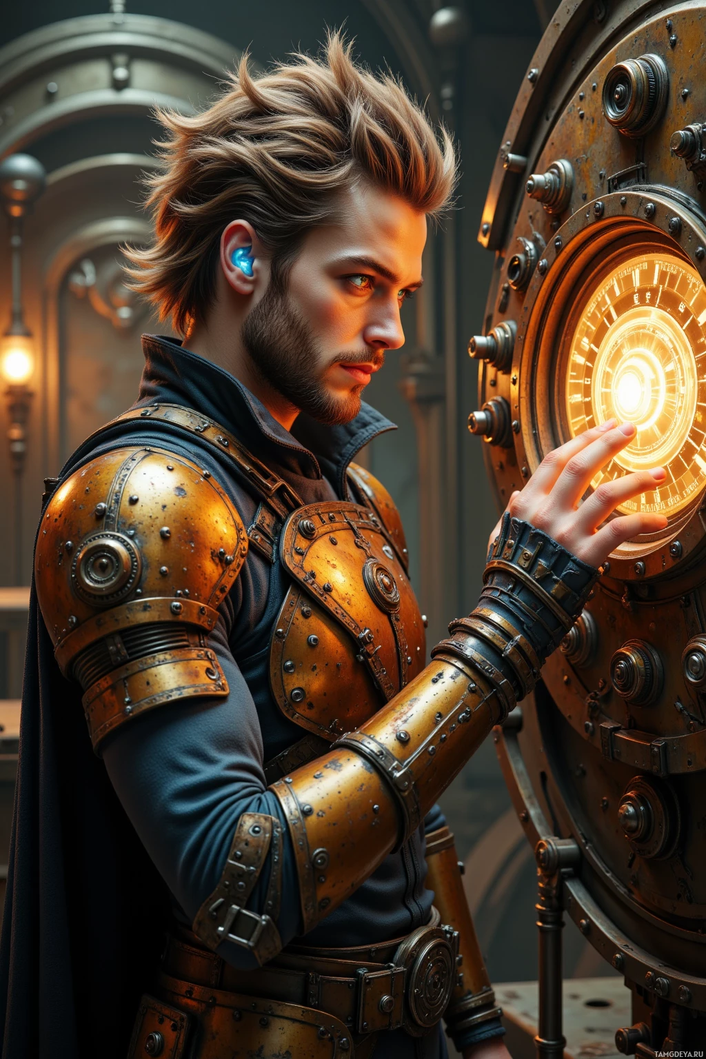 A person in a steampunk-inspired outfit interacts with a large, intricate device.