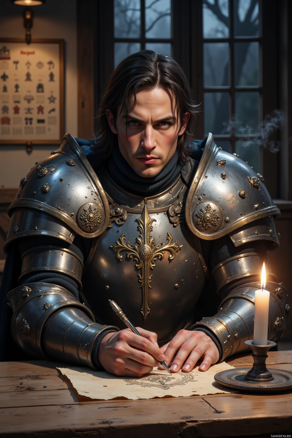 A knight in armor sits at a table, writing with a quill by candlelight.