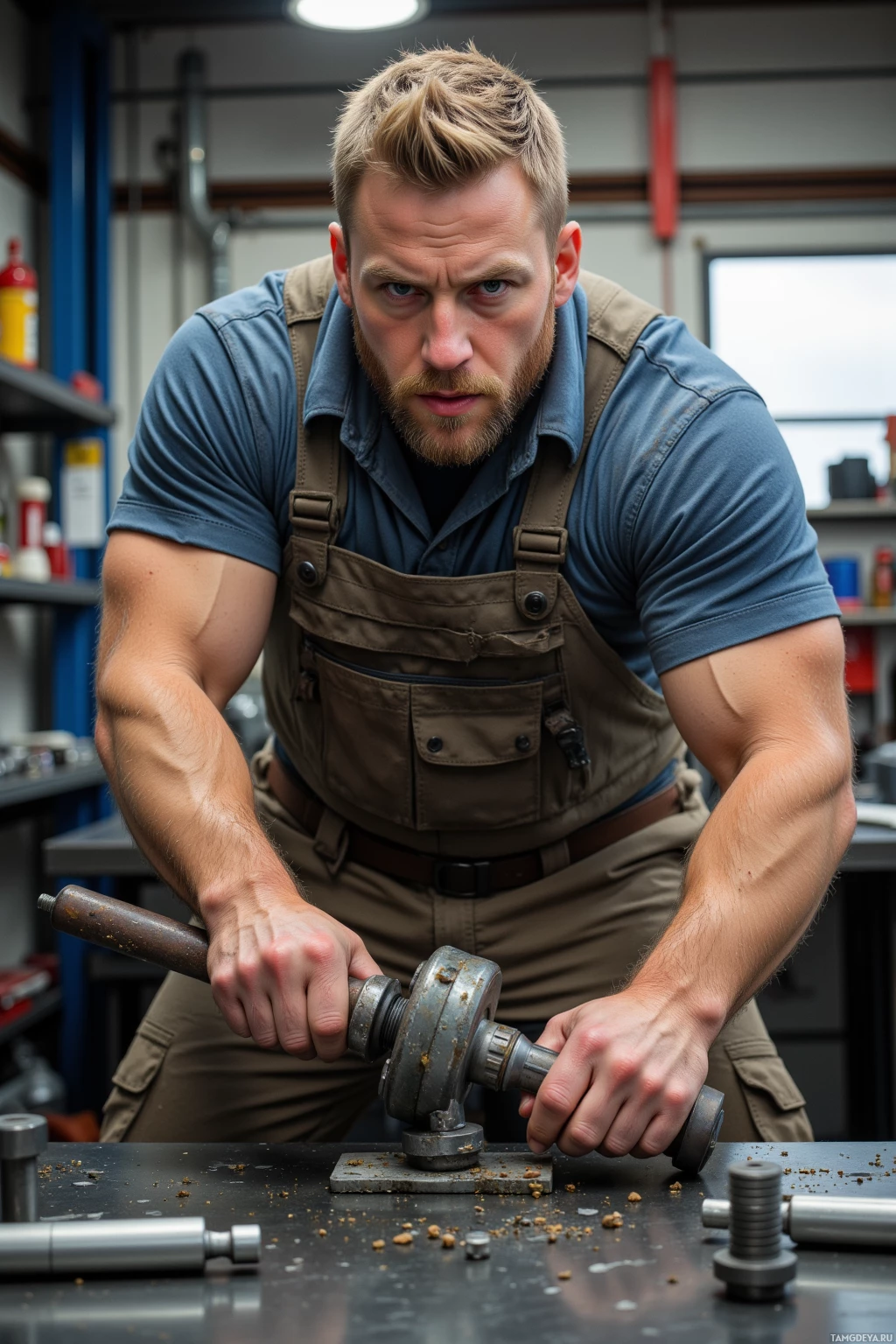 A man in a workshop wearing overalls and a blue shirt is working with a metal object.
