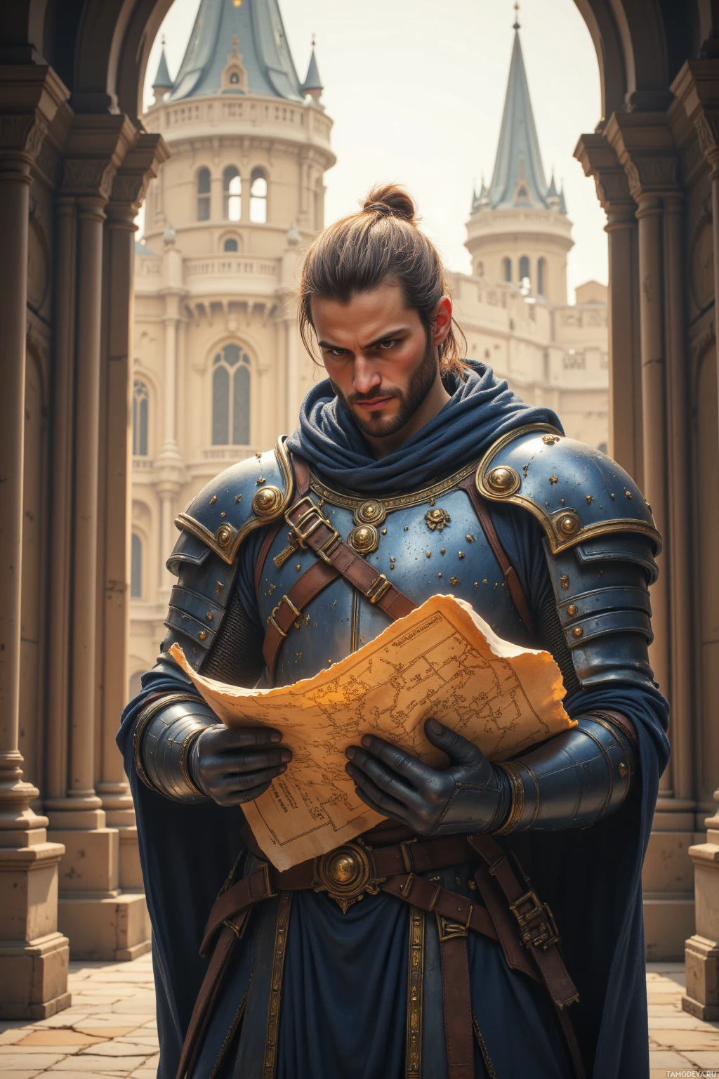 A knight in blue armor holds a map in front of a castle.