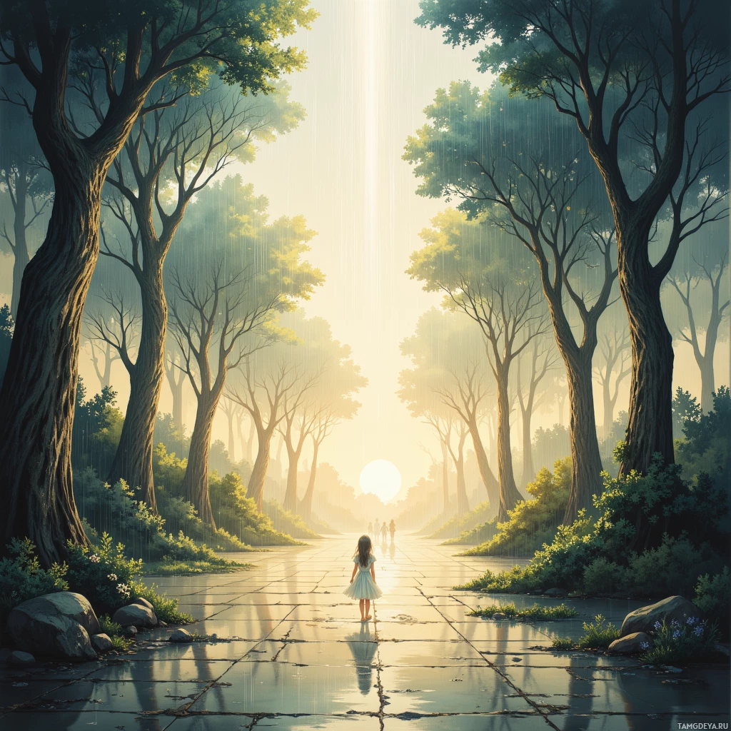 A serene forest path leads towards a bright sun, with a child walking ahead.