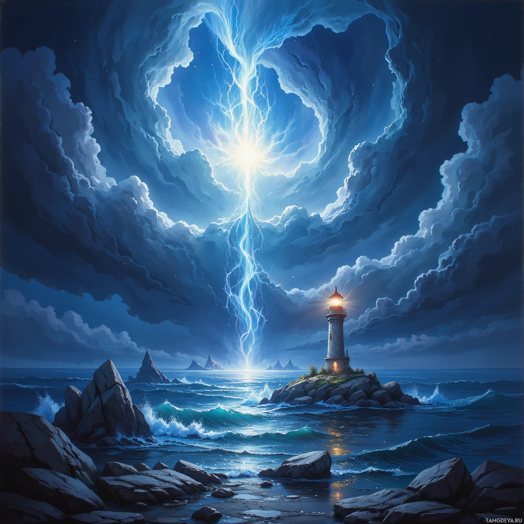 A lighthouse stands on a rocky island under a dramatic sky with lightning and clouds.
