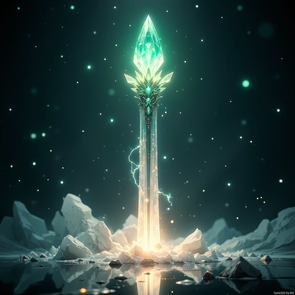 A glowing, crystalline spear stands tall amidst icy terrain under a starry sky.