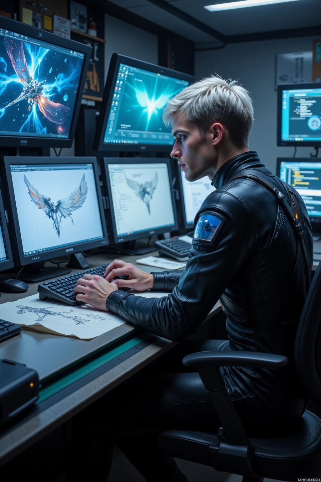 A person in a leather jacket works at a desk with multiple computer monitors displaying digital artwork.