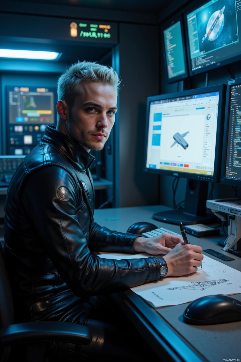 A person in a leather jacket is working at a desk with multiple monitors displaying technical data.