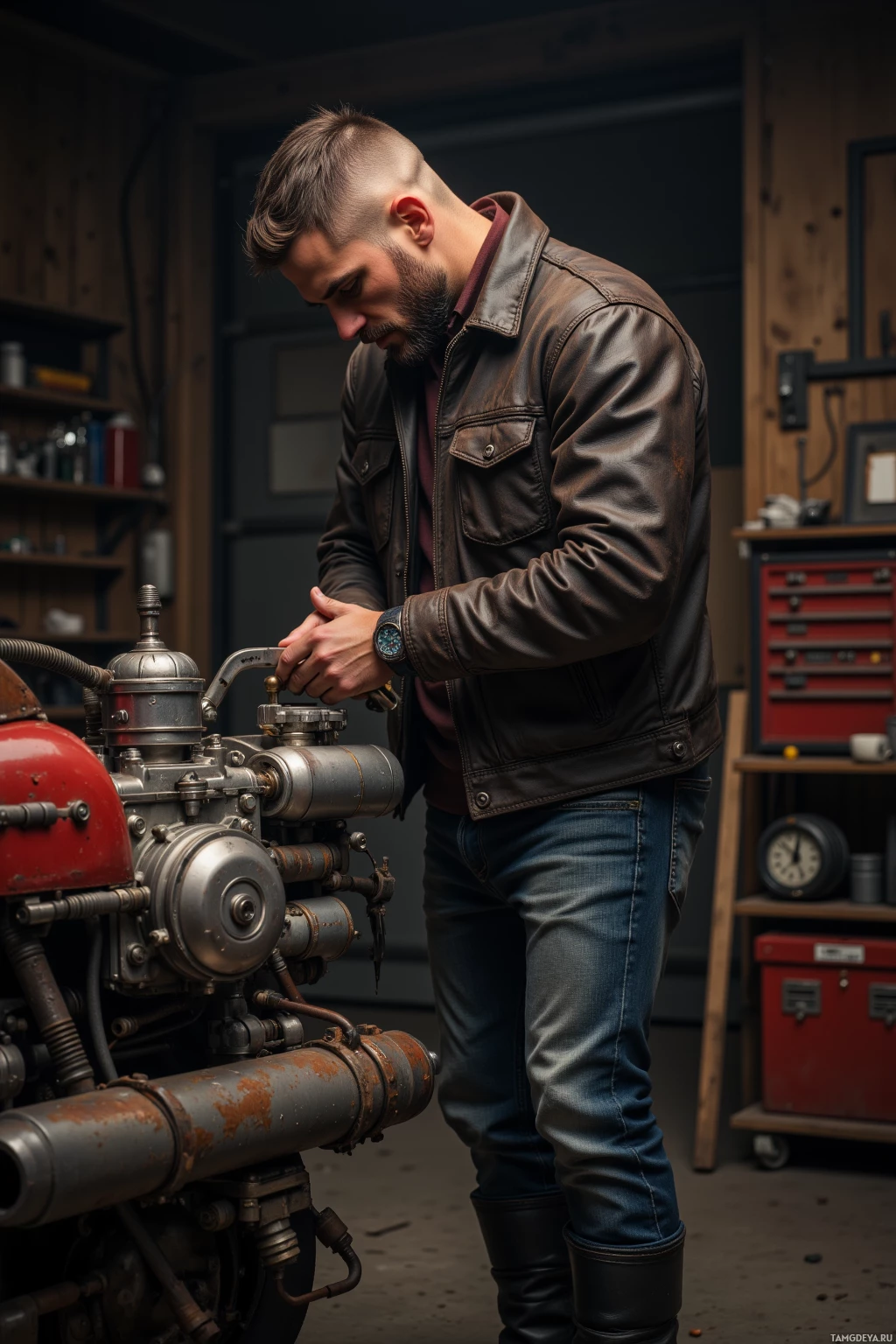 A man in a leather jacket works on a motorcycle engine in a workshop.