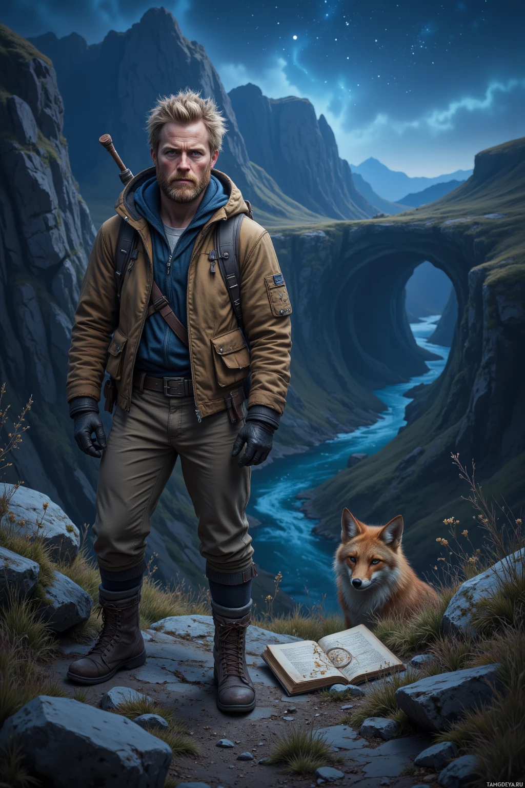 A man stands in a rugged mountain landscape with a fox and an open book on the ground.
