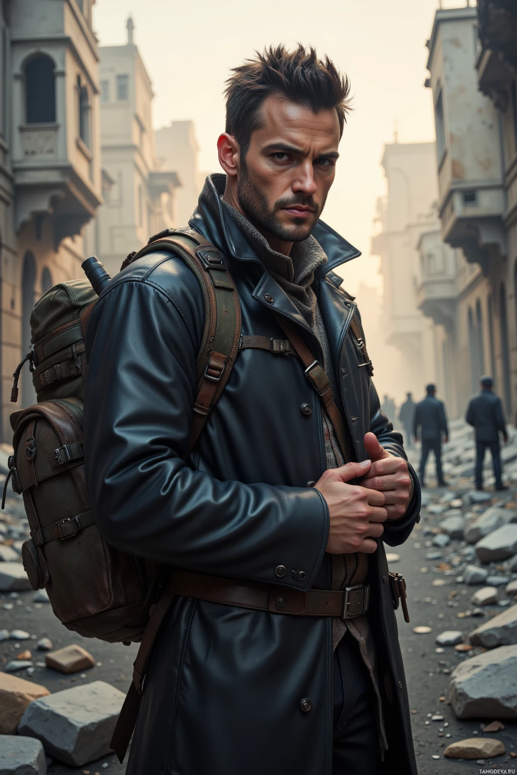 A man in a leather jacket and backpack stands in a city alleyway.