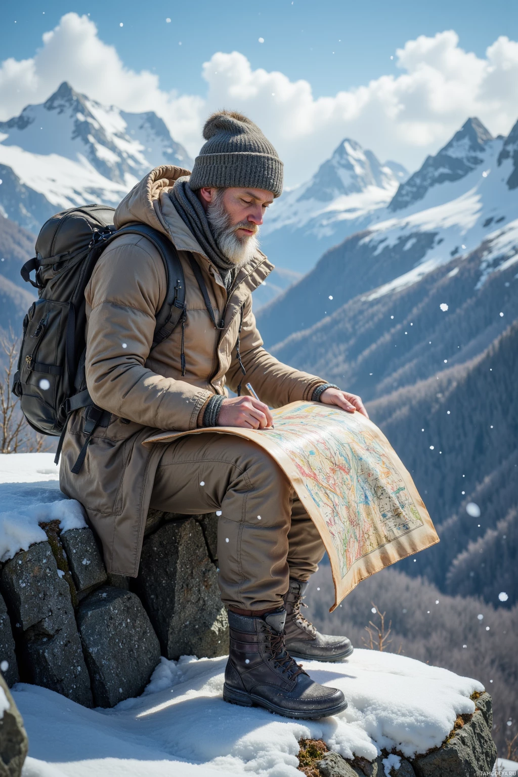 A hiker in winter gear sits on a snowy rock, writing on a map with a pen.