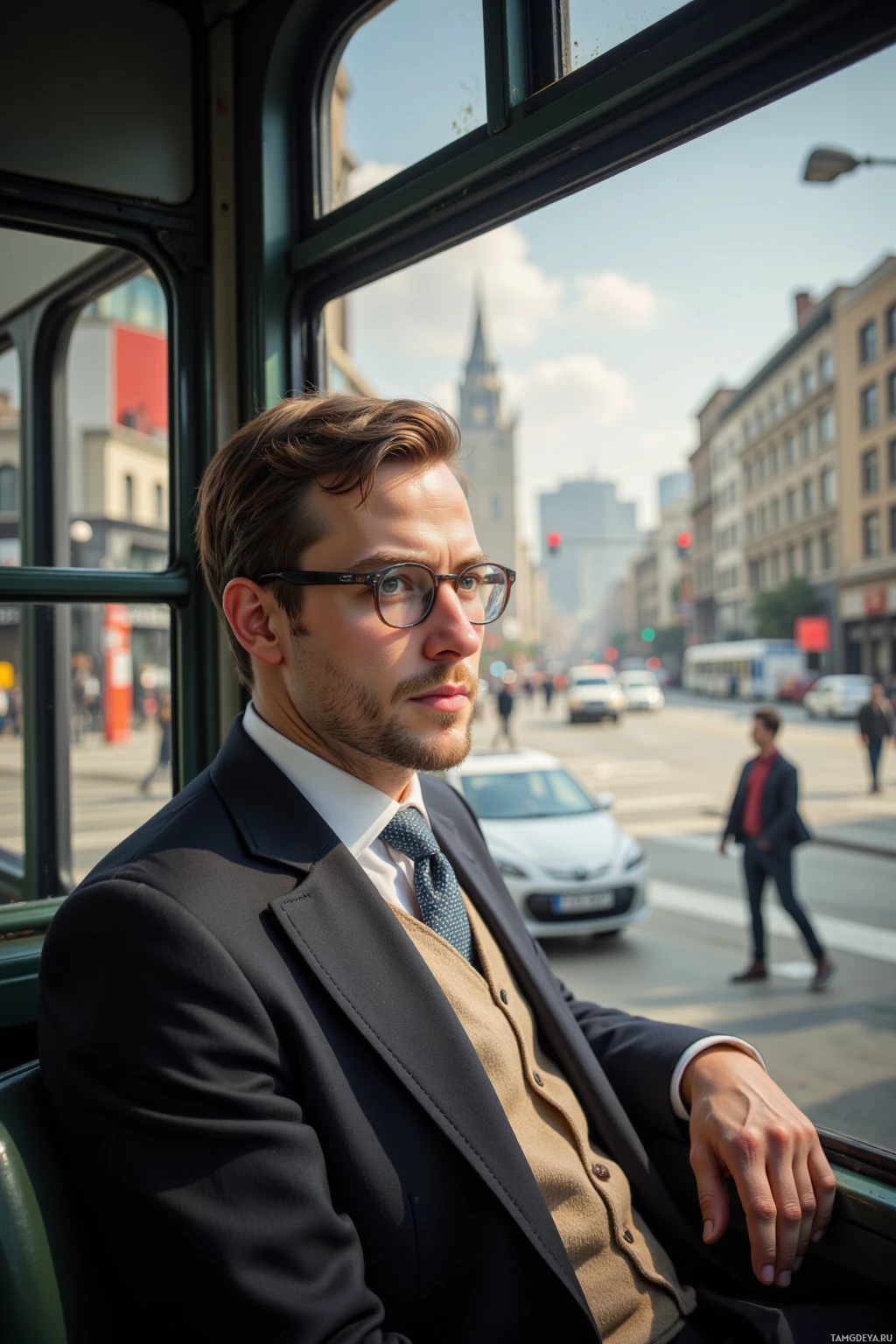 A man in a suit sits inside a tram, looking out the window at a city street.