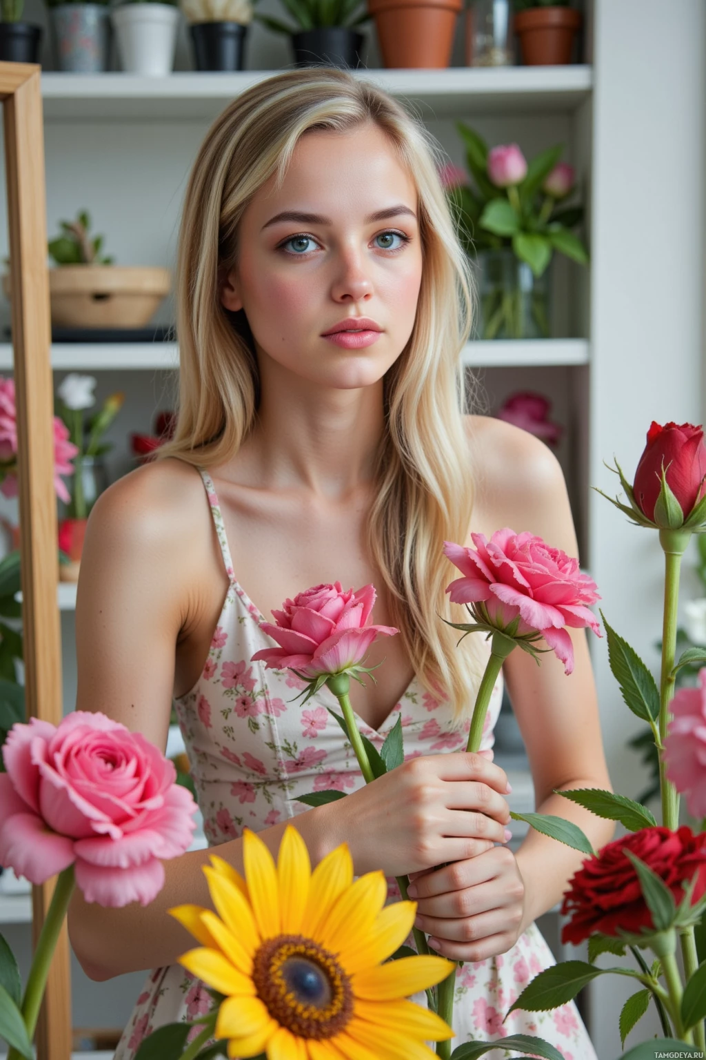 A woman with long blonde hair holds pink roses and a sunflower in a floral dress.