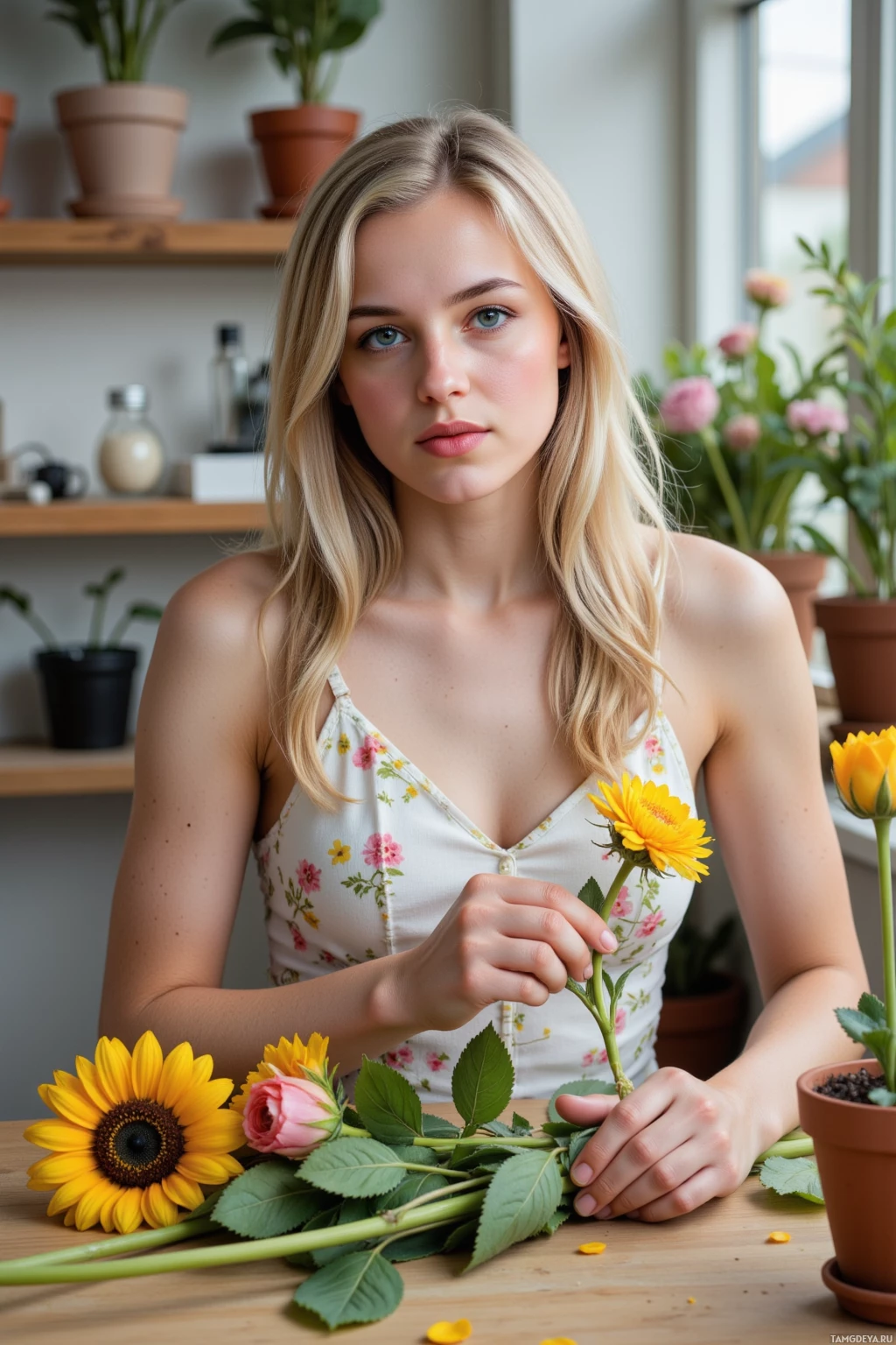 A woman with blonde hair holds a yellow flower, surrounded by potted plants and flowers on a table.