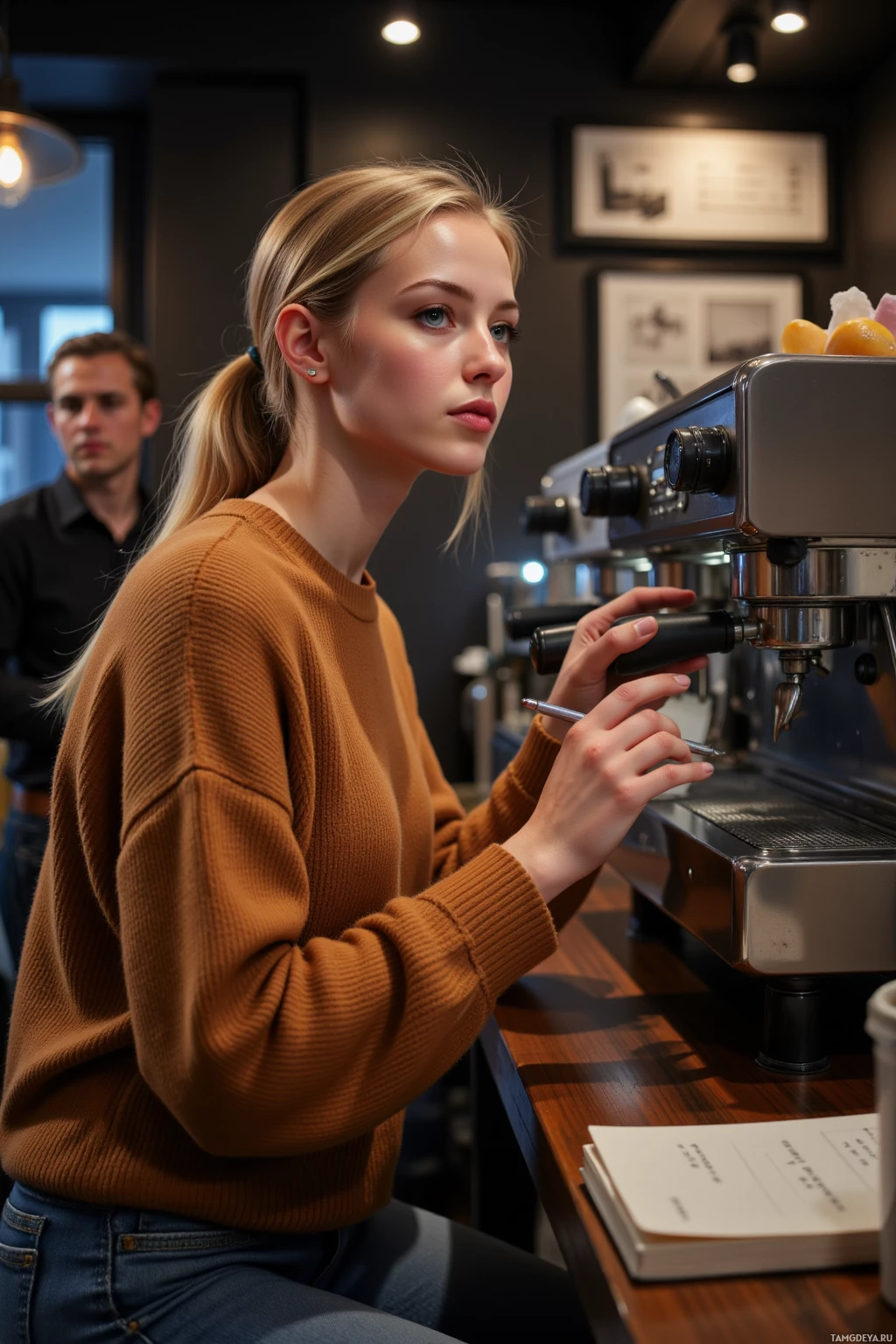 A woman in a brown sweater operates an espresso machine in a coffee shop.