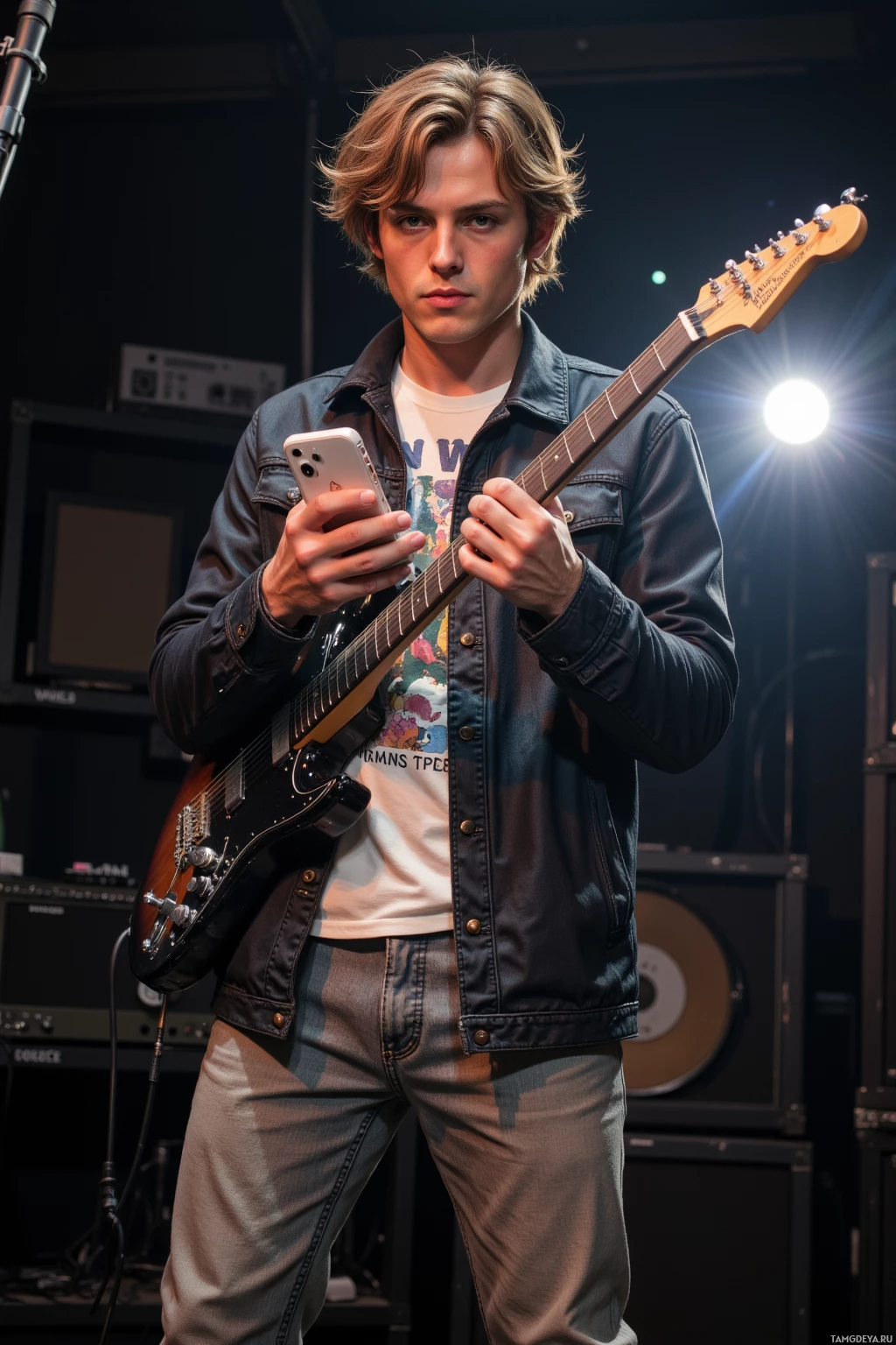 A young man plays an electric guitar on stage, holding a smartphone.